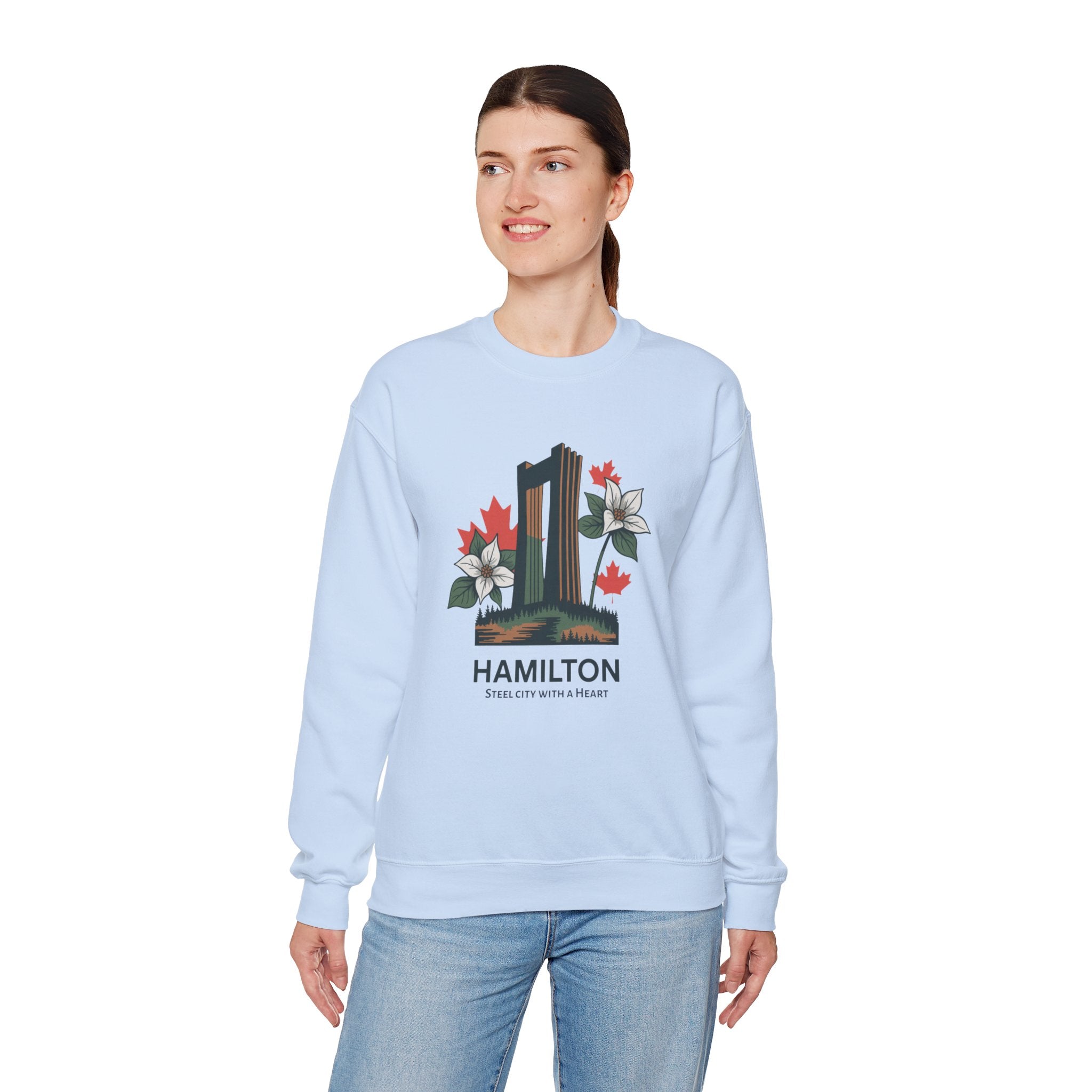 Hamilton Skyline Crewneck Sweatshirt — 'Hamilton: Steel City With A Heart' Canadian Maple Floral Design