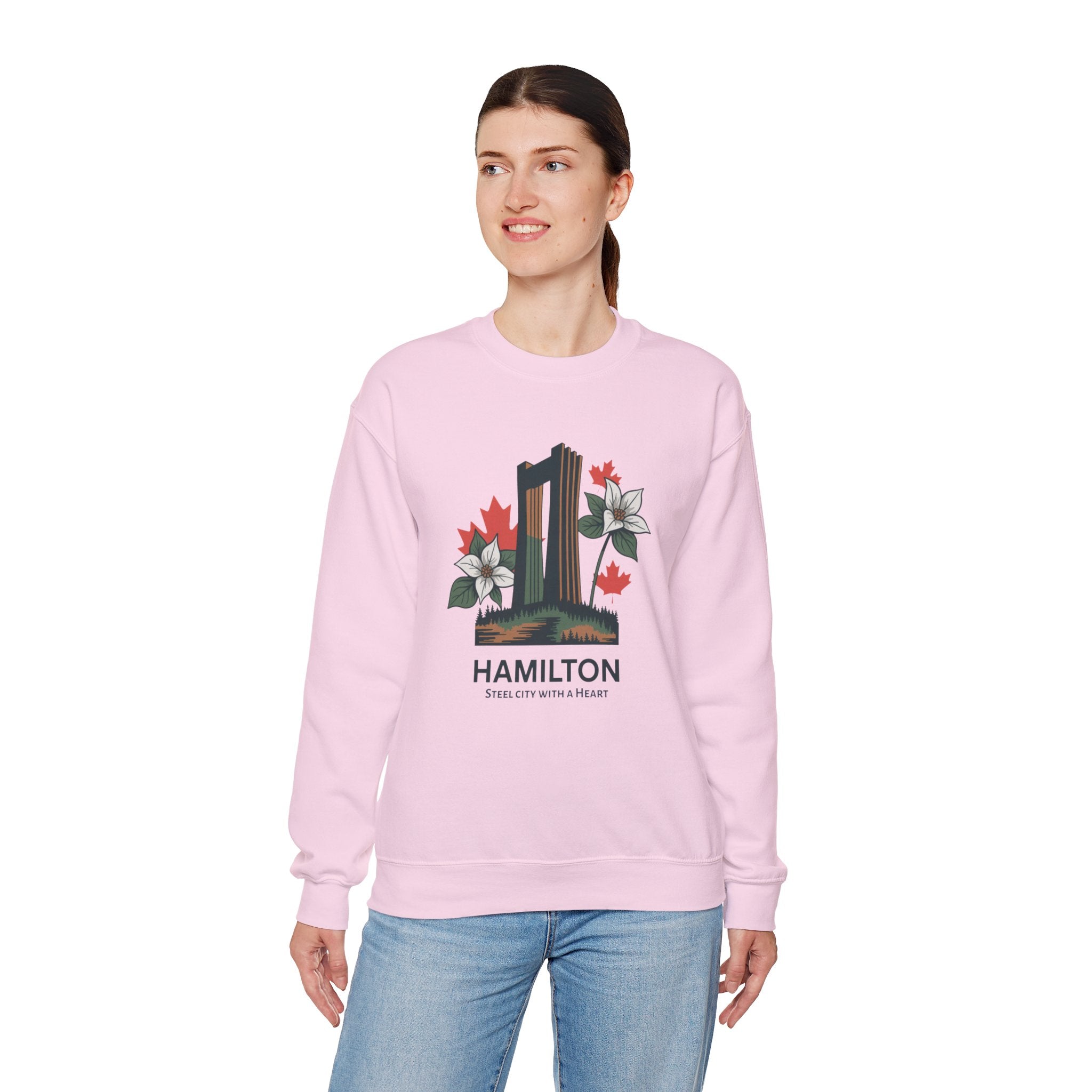 Hamilton Skyline Crewneck Sweatshirt — 'Hamilton: Steel City With A Heart' Canadian Maple Floral Design