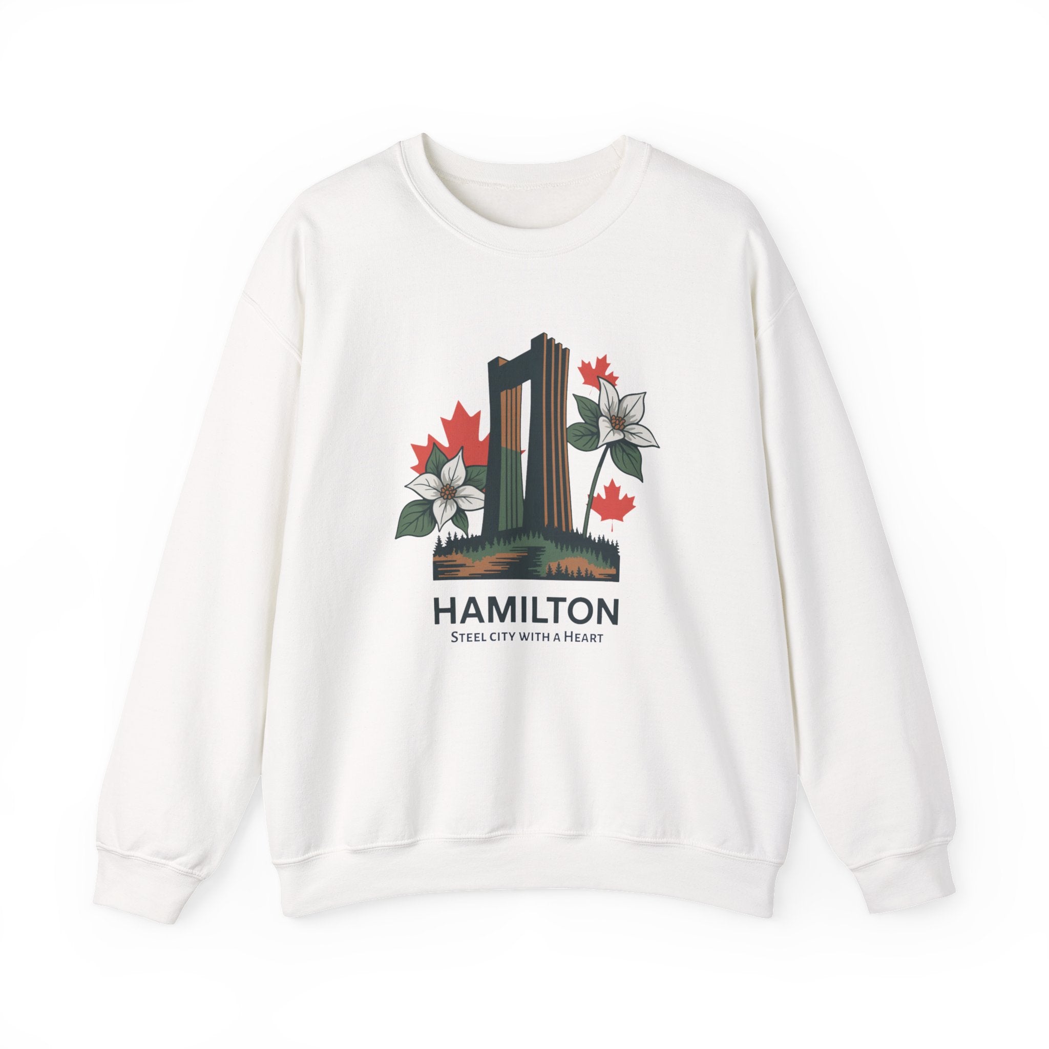 Hamilton Skyline Crewneck Sweatshirt — 'Hamilton: Steel City With A Heart' Canadian Maple Floral Design