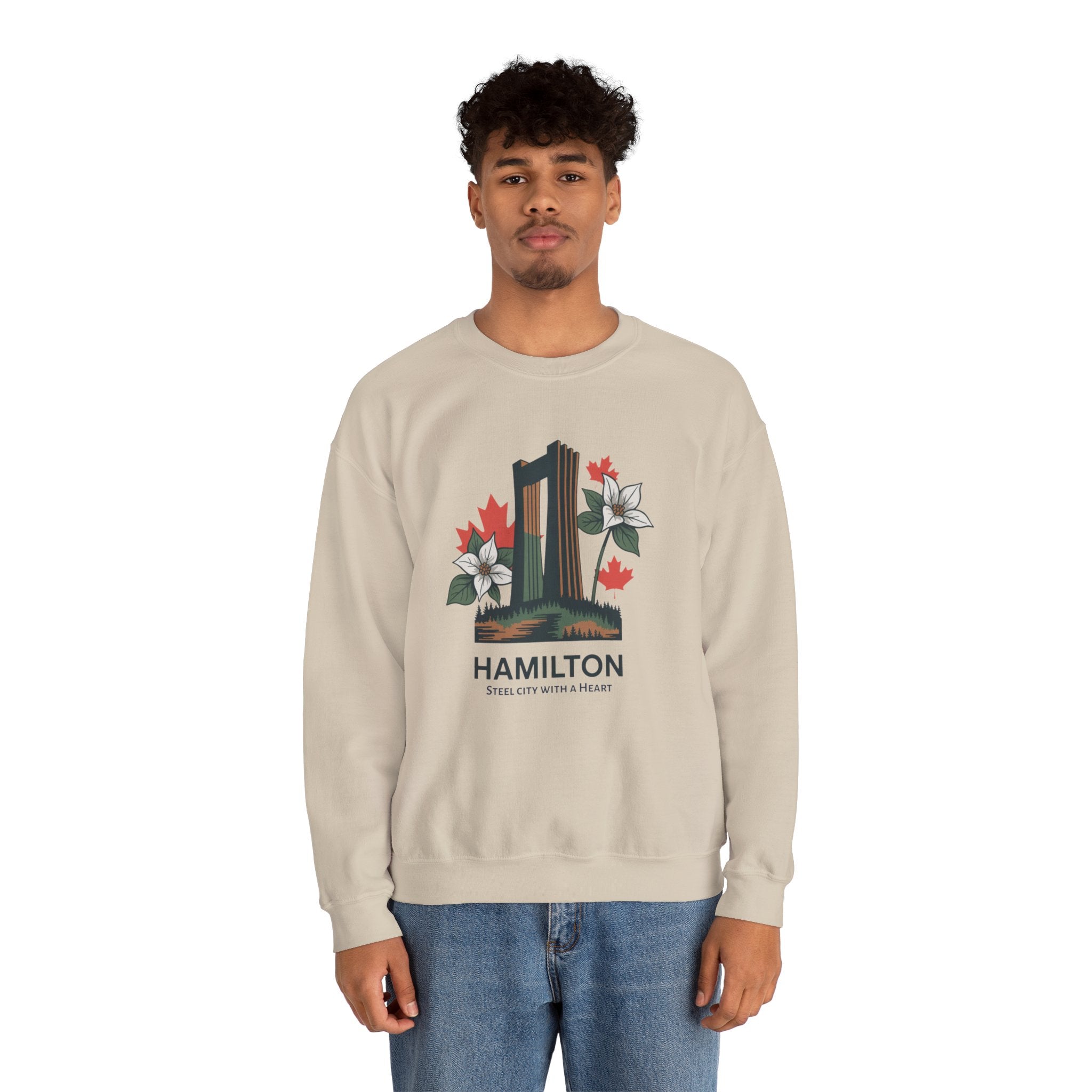 Hamilton Skyline Crewneck Sweatshirt — 'Hamilton: Steel City With A Heart' Canadian Maple Floral Design