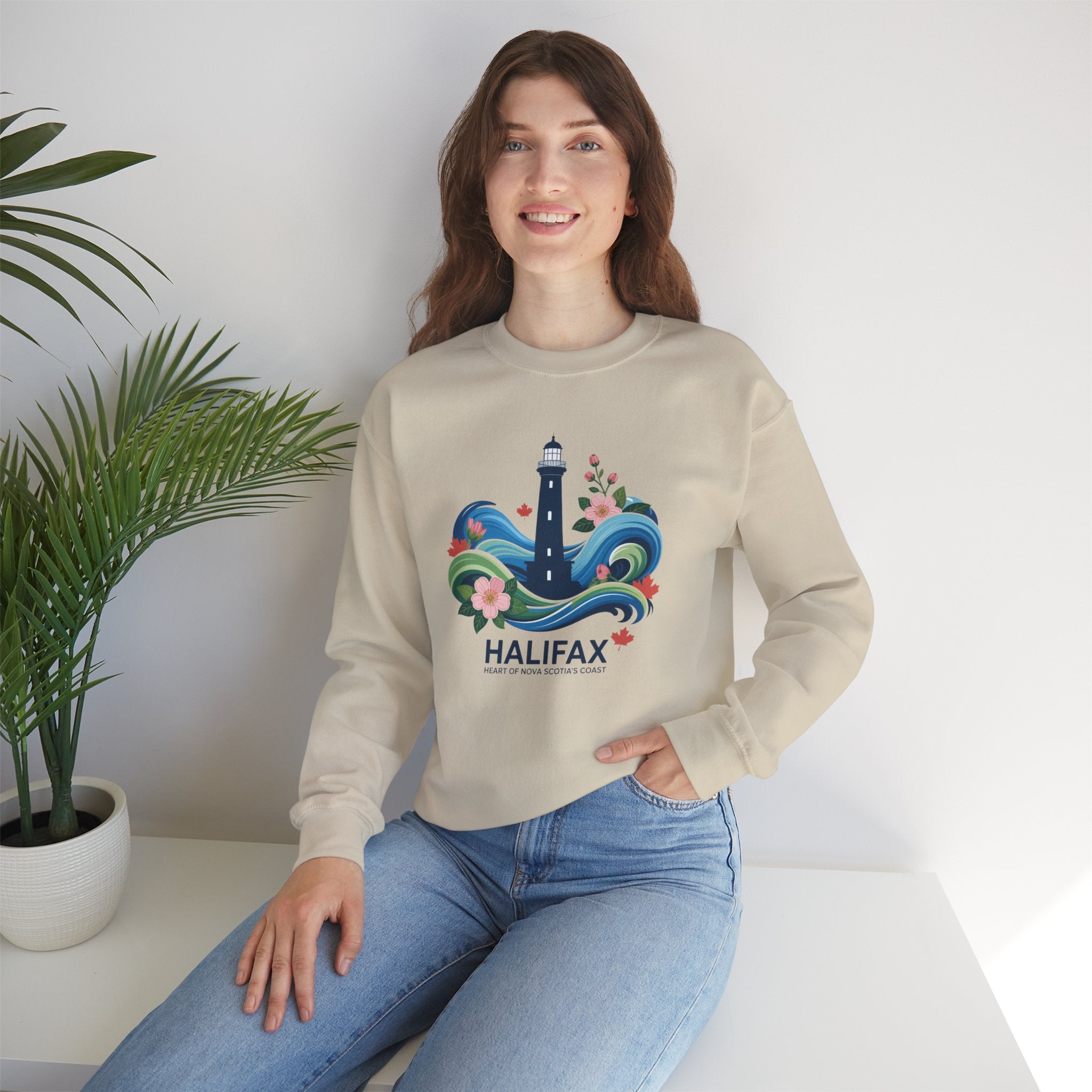 Halifax Lighthouse Crewneck Sweatshirt — Nautical Waves & Floral Travel Souvenir