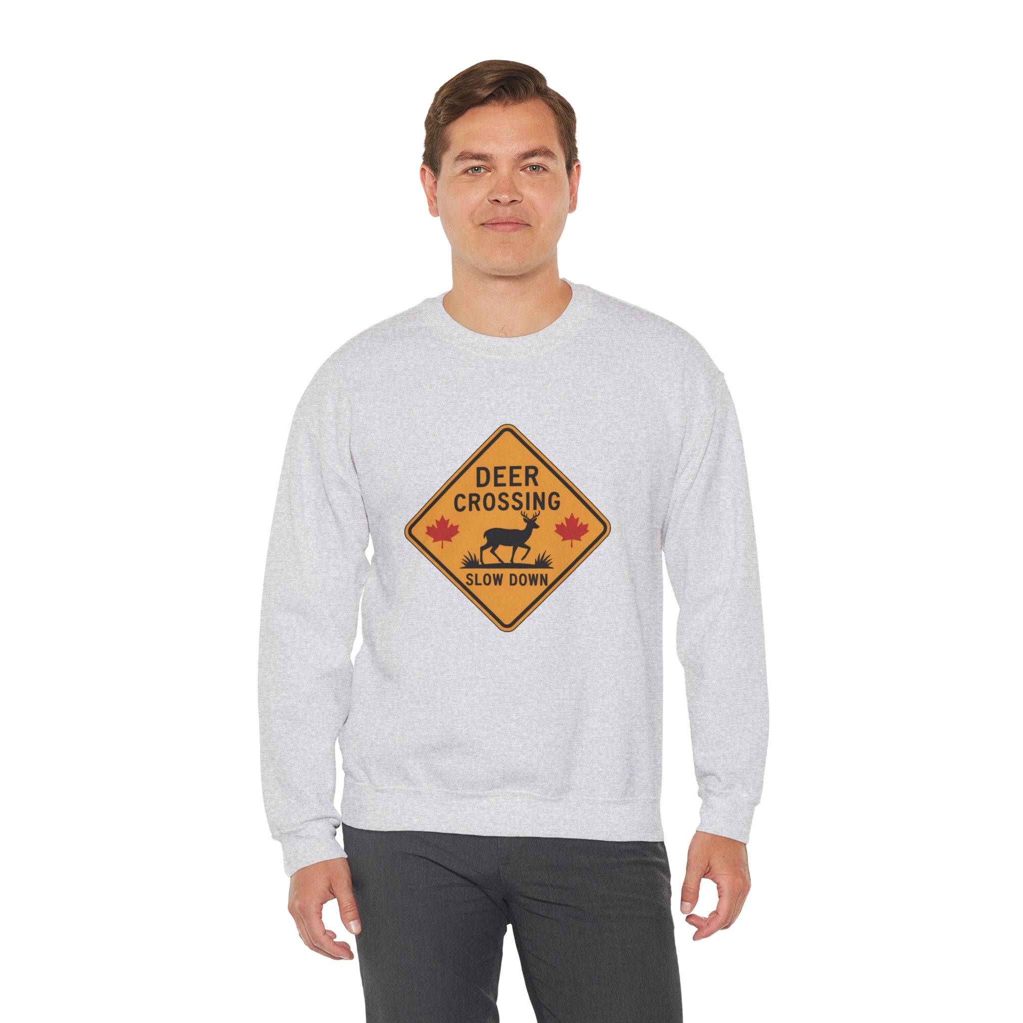 Deer Crossing Sweatshirt — 'Deer Crossing Slow Down' Road Sign Crewneck