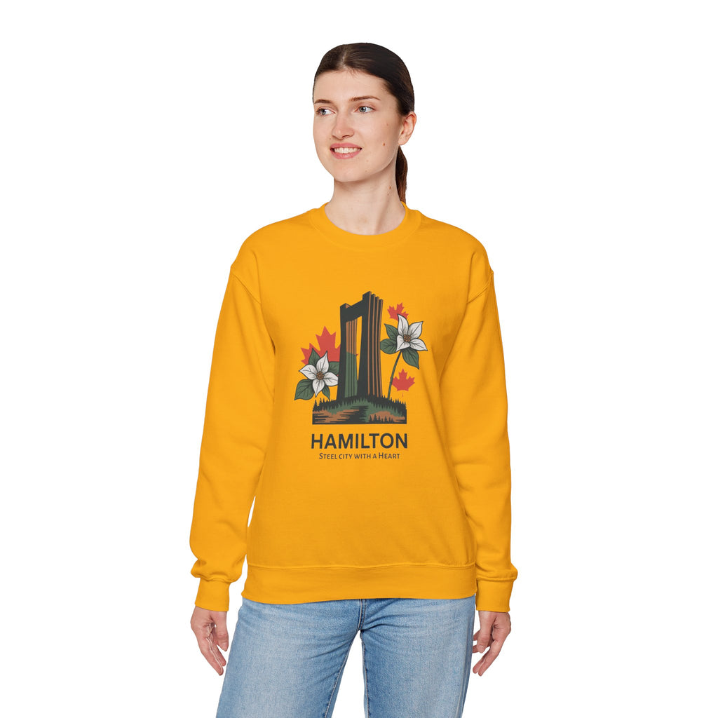 Hamilton Skyline Crewneck Sweatshirt — 'Hamilton: Steel City With A Heart' Canadian Maple Floral Design