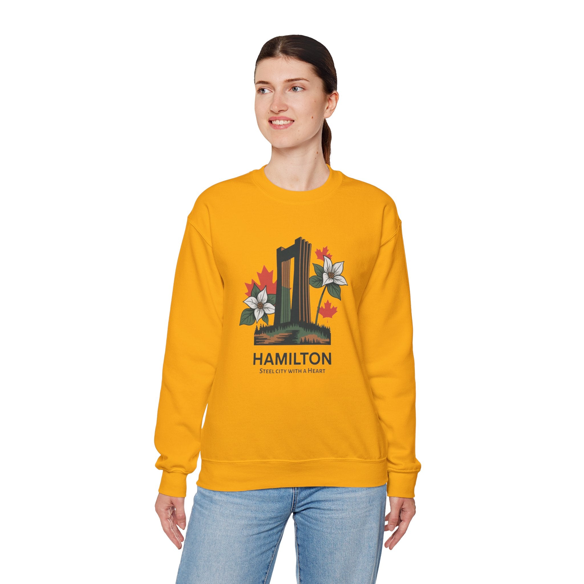 Hamilton Skyline Crewneck Sweatshirt — 'Hamilton: Steel City With A Heart' Canadian Maple Floral Design