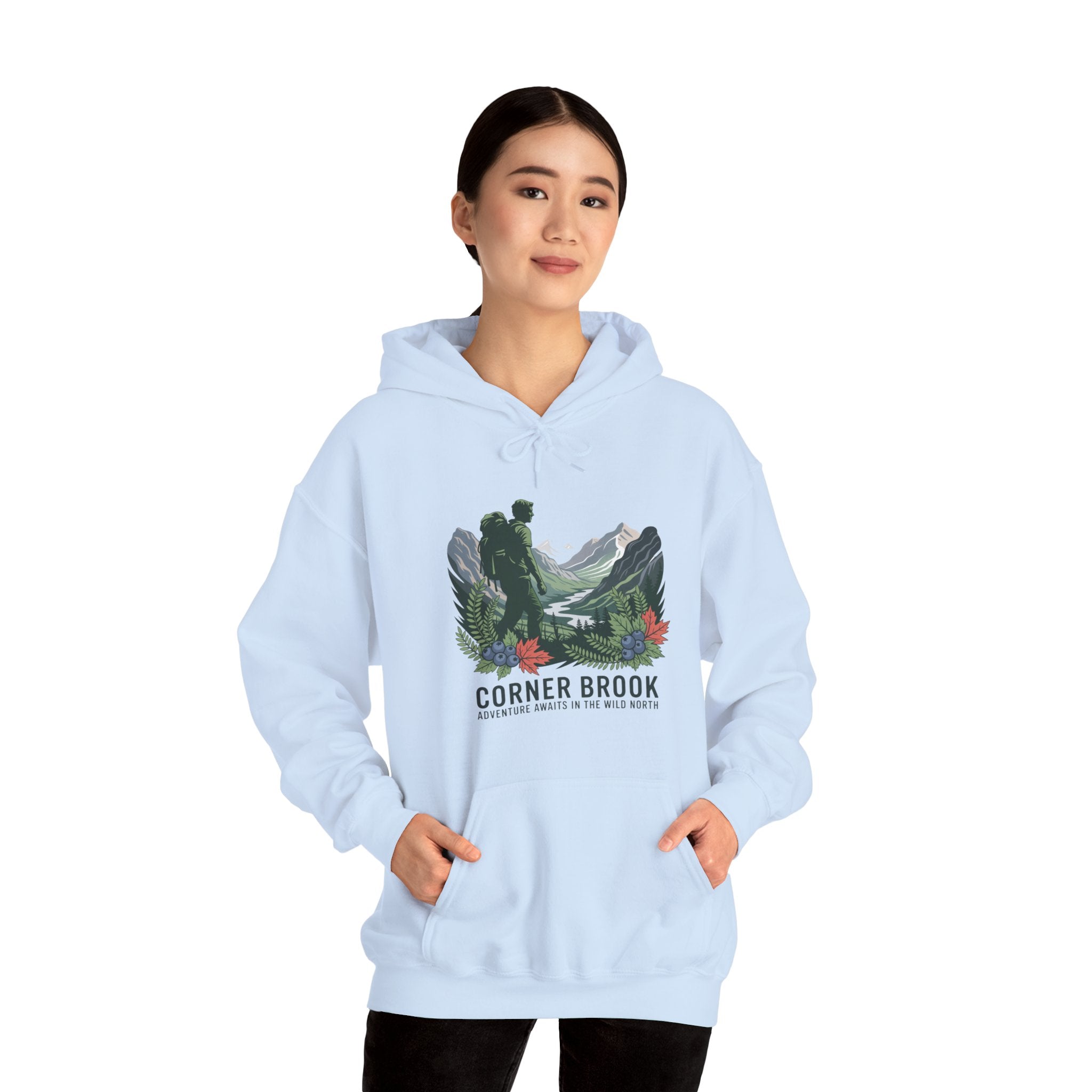Corner Brook Mountain Landscape Hoodie — Scenic Nature Graphic Sweatshirt
