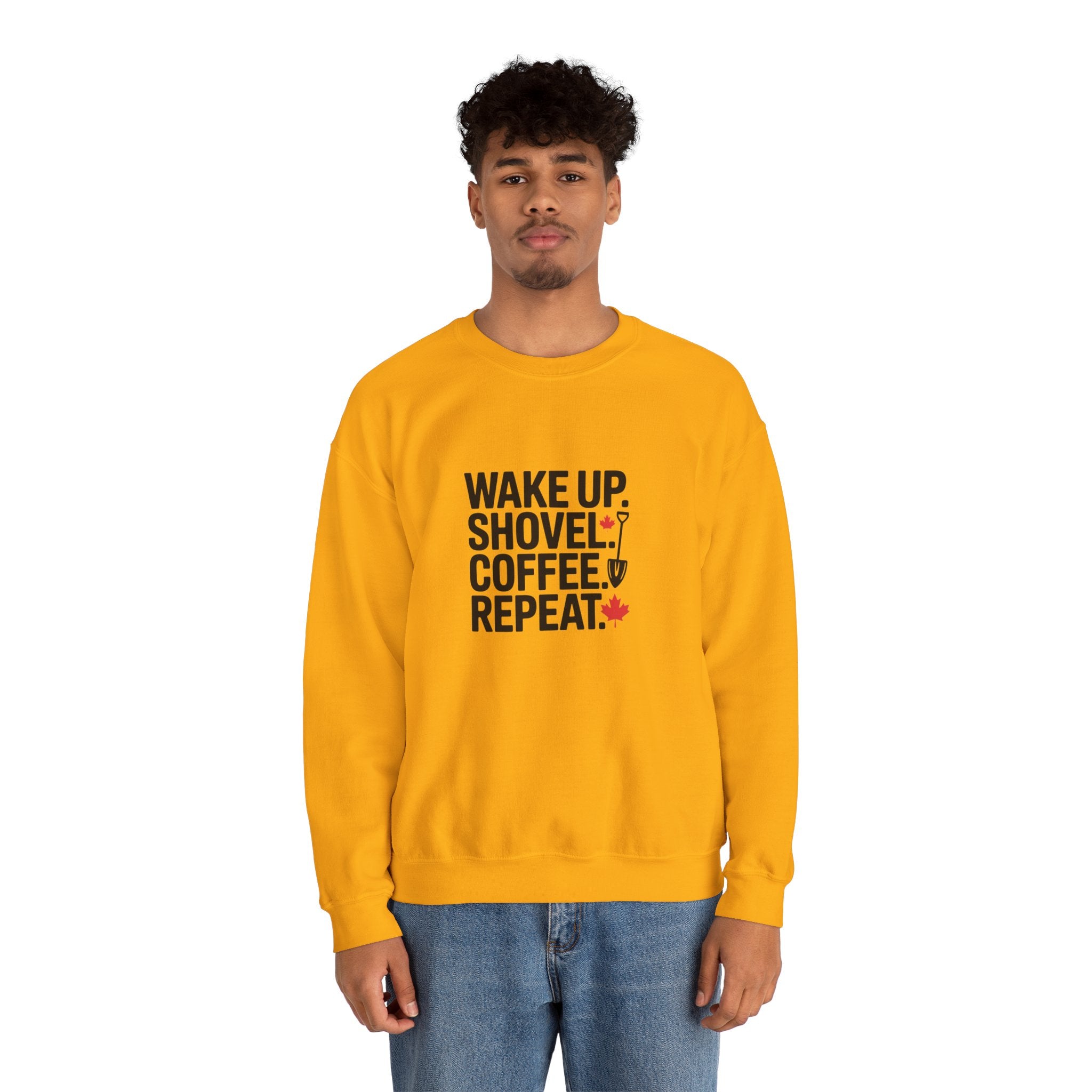 "Wake Up. Shovel. Coffee. Repeat." Winter Funny Crewneck Sweatshirt