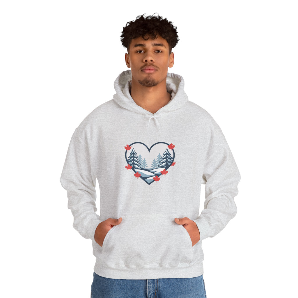 Heart-Shaped Mountain Hoodie — Cozy Forest Love Design