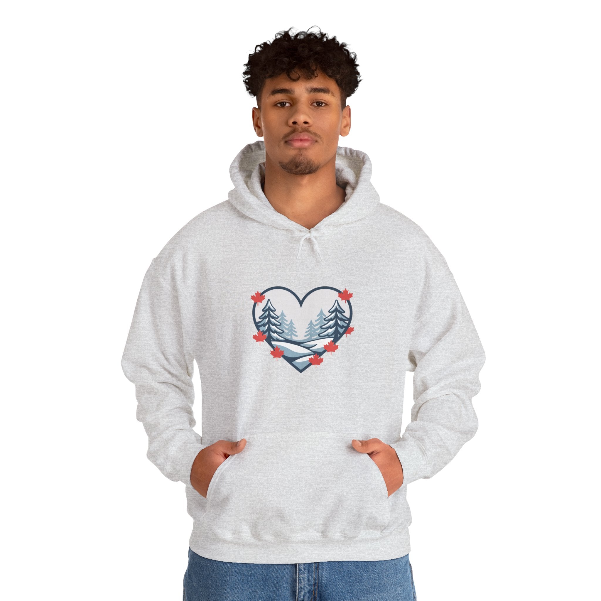 Heart-Shaped Mountain Hoodie — Cozy Forest Love Design