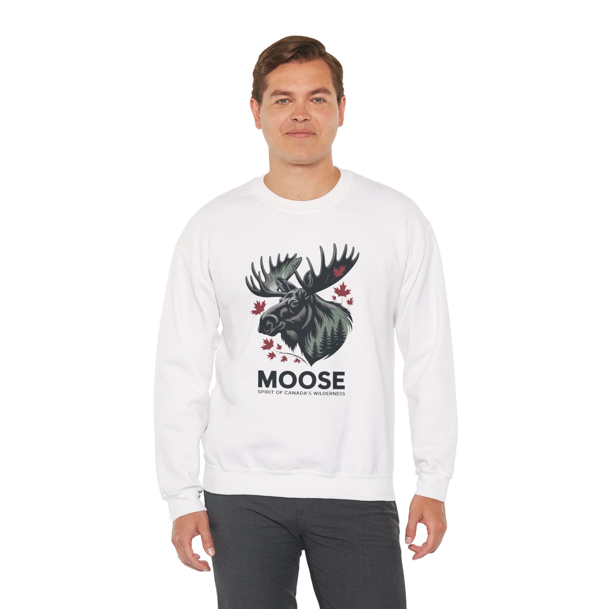 Moose Graphic Crewneck Sweatshirt — Canadian Moose Design with Maple Leaves