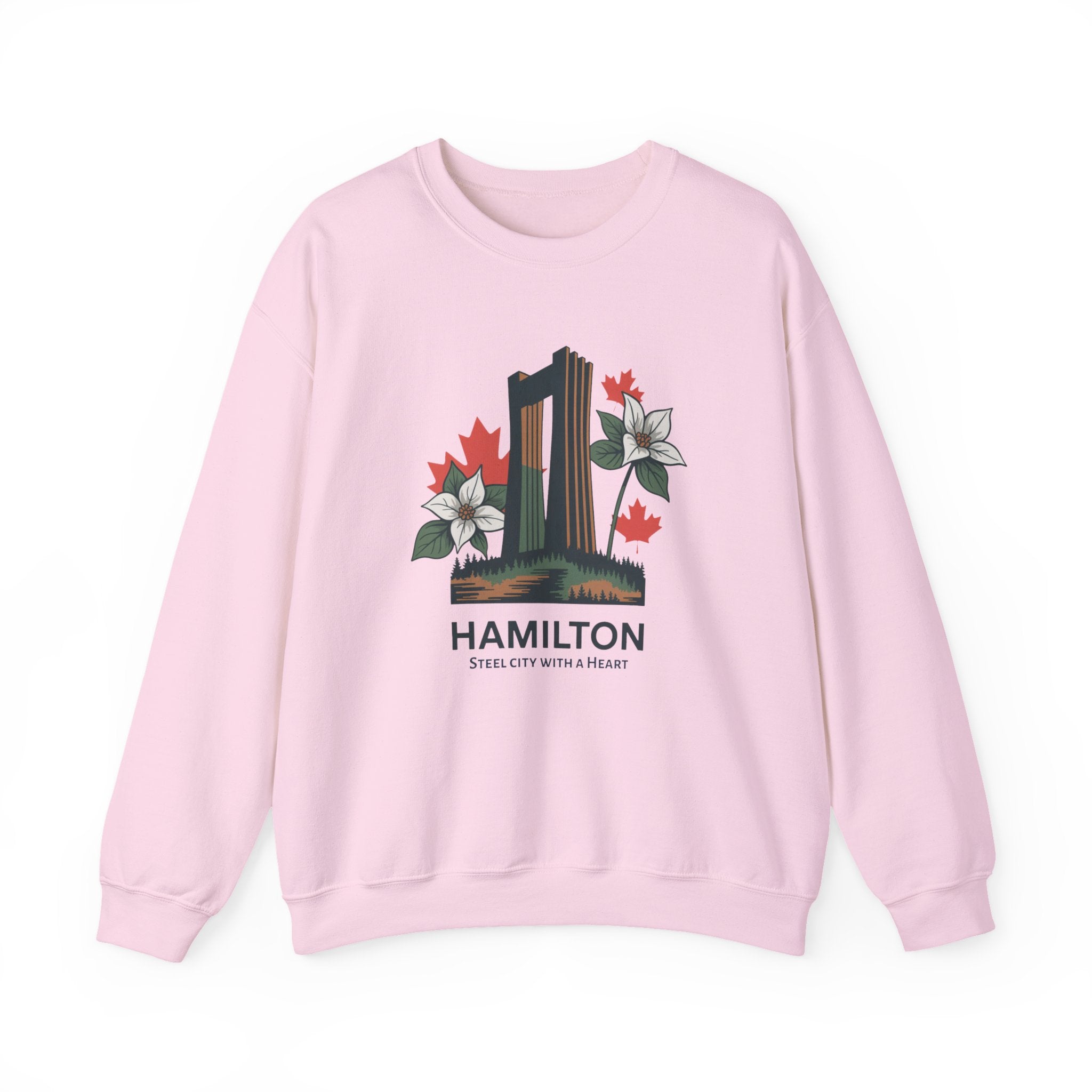 Hamilton Skyline Crewneck Sweatshirt — 'Hamilton: Steel City With A Heart' Canadian Maple Floral Design