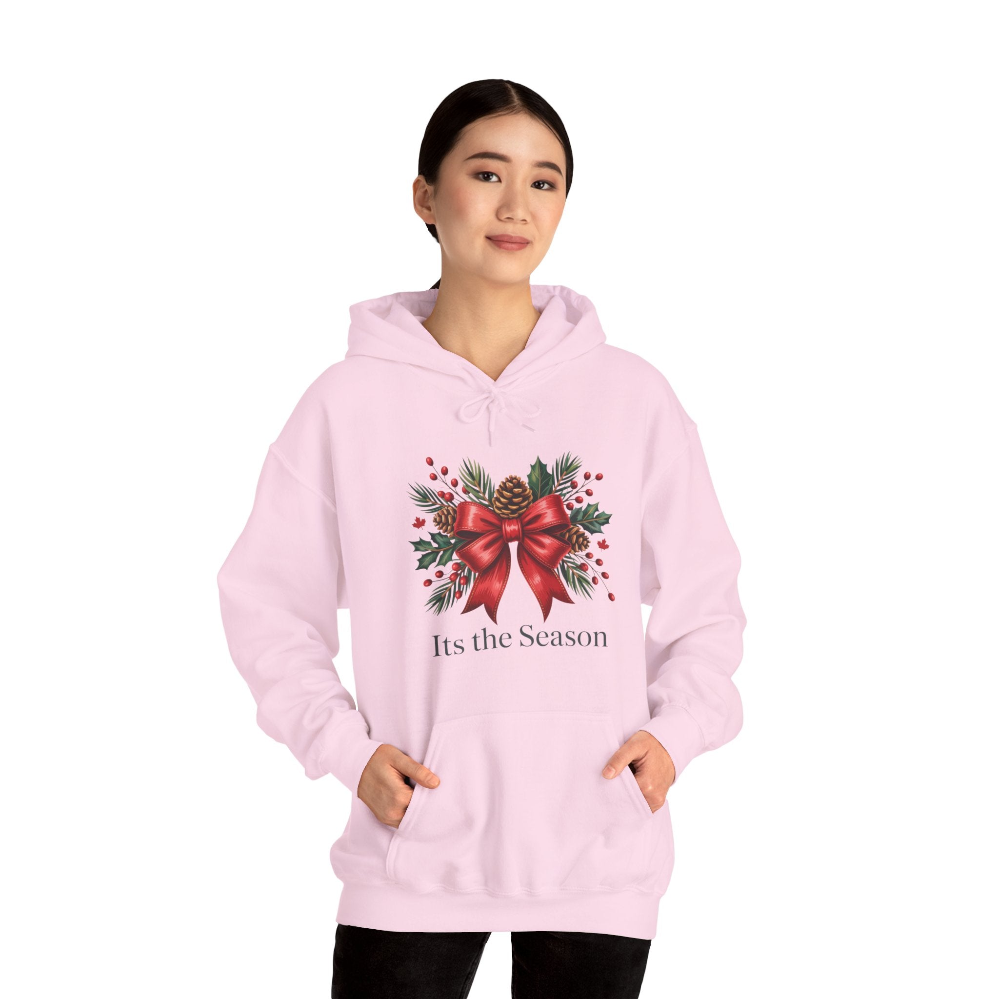 Christmas Wreath Hoodie – Festive Red Bow "Its the Season" Holiday Sweatshirt