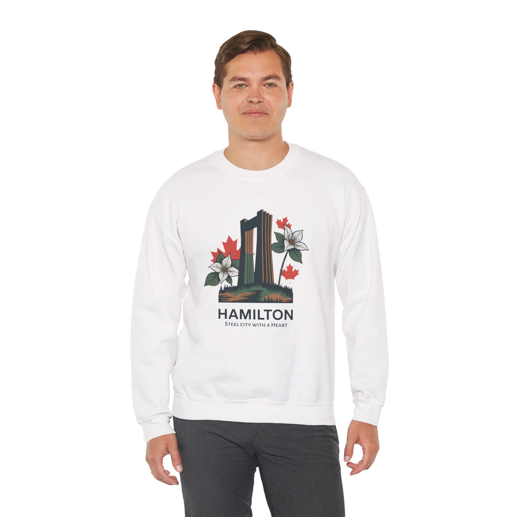Hamilton Skyline Crewneck Sweatshirt — 'Hamilton: Steel City With A Heart' Canadian Maple Floral Design