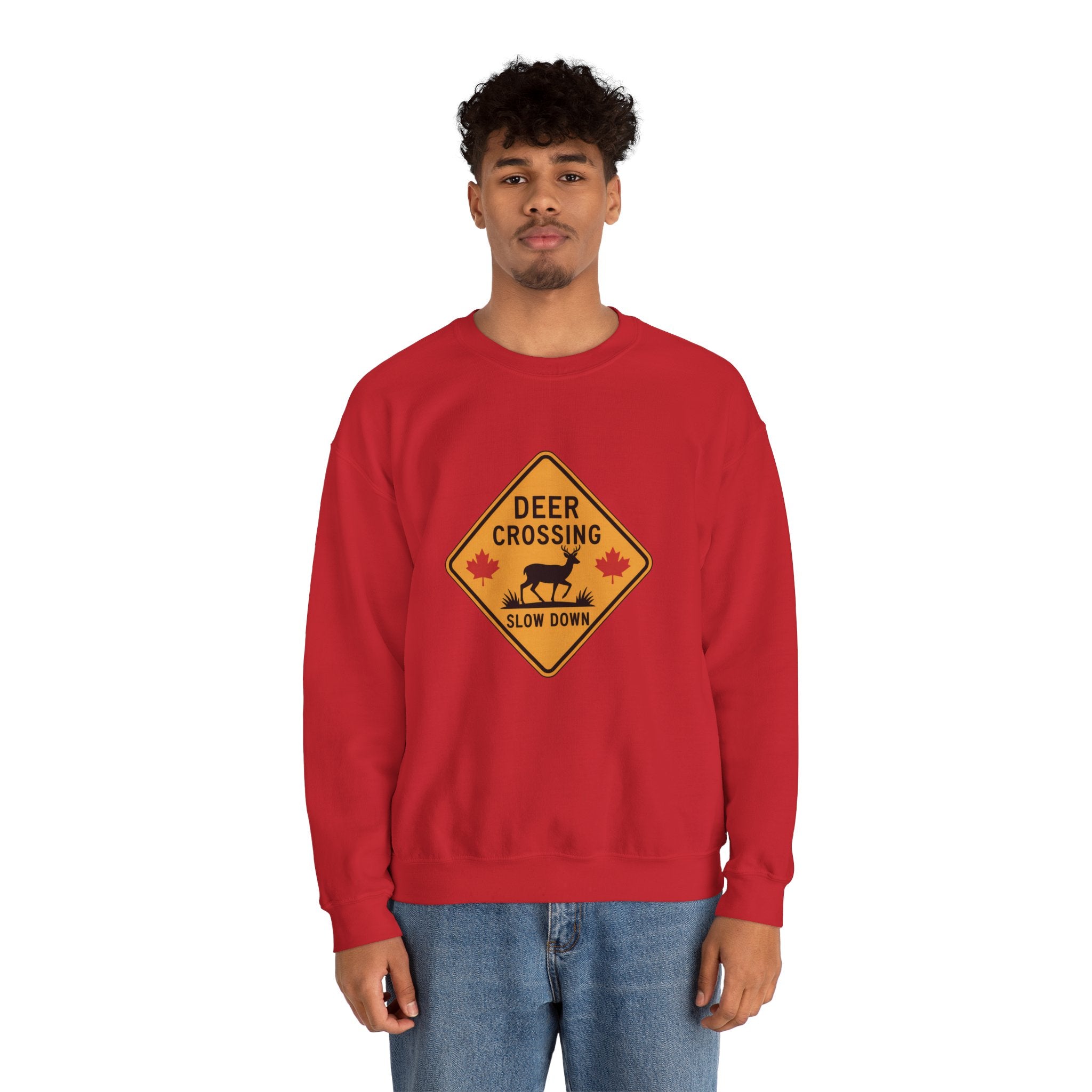 Deer Crossing Sweatshirt — 'Deer Crossing Slow Down' Road Sign Crewneck