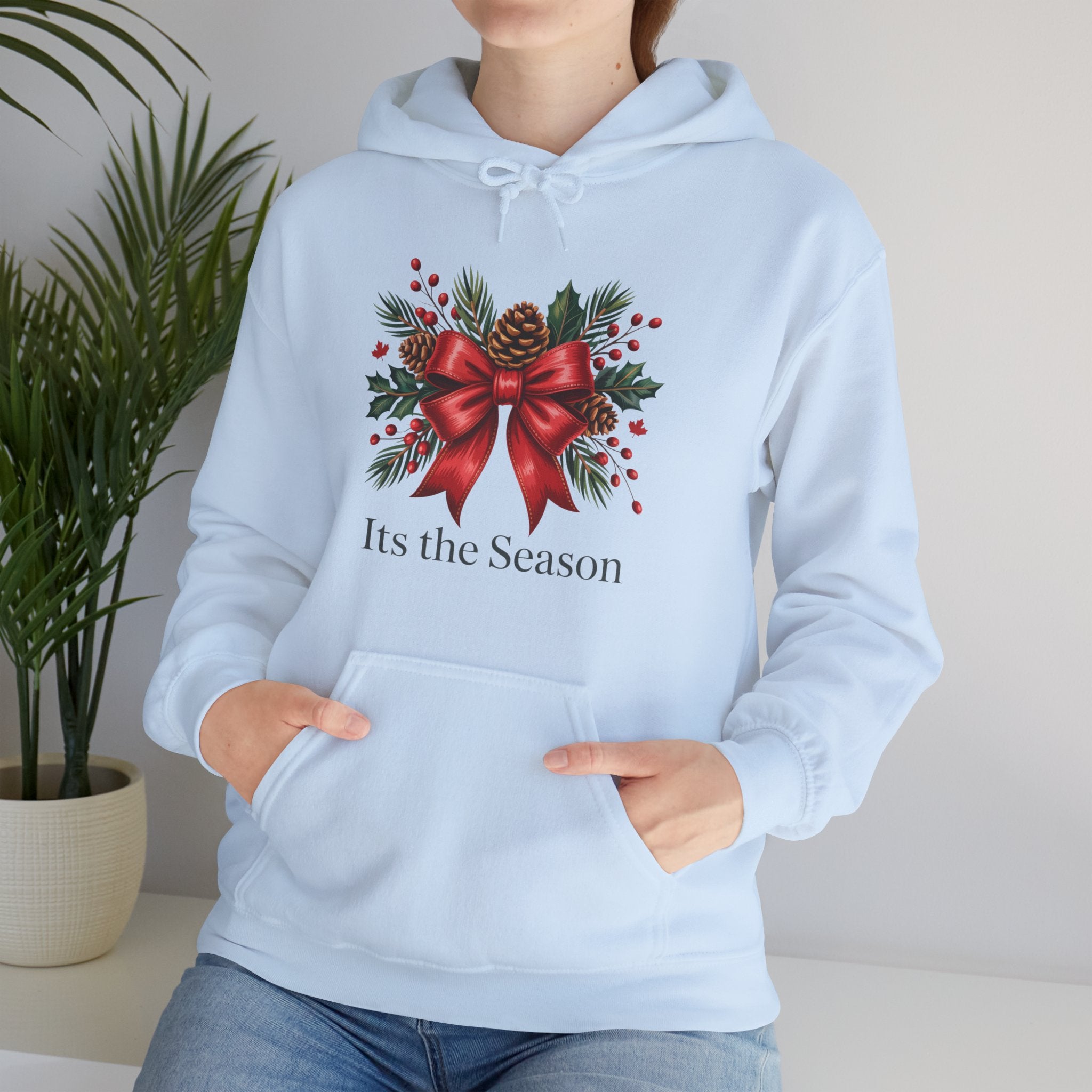 Christmas Wreath Hoodie – Festive Red Bow "Its the Season" Holiday Sweatshirt