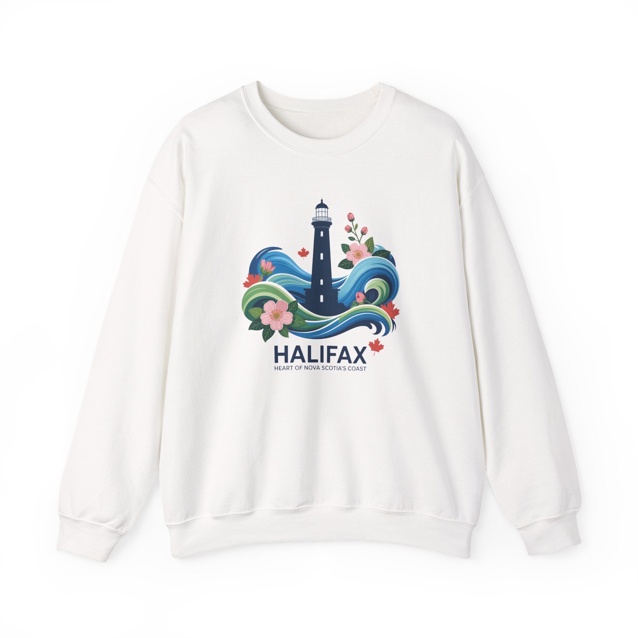 Halifax Lighthouse Crewneck Sweatshirt — Nautical Waves & Floral Travel Souvenir