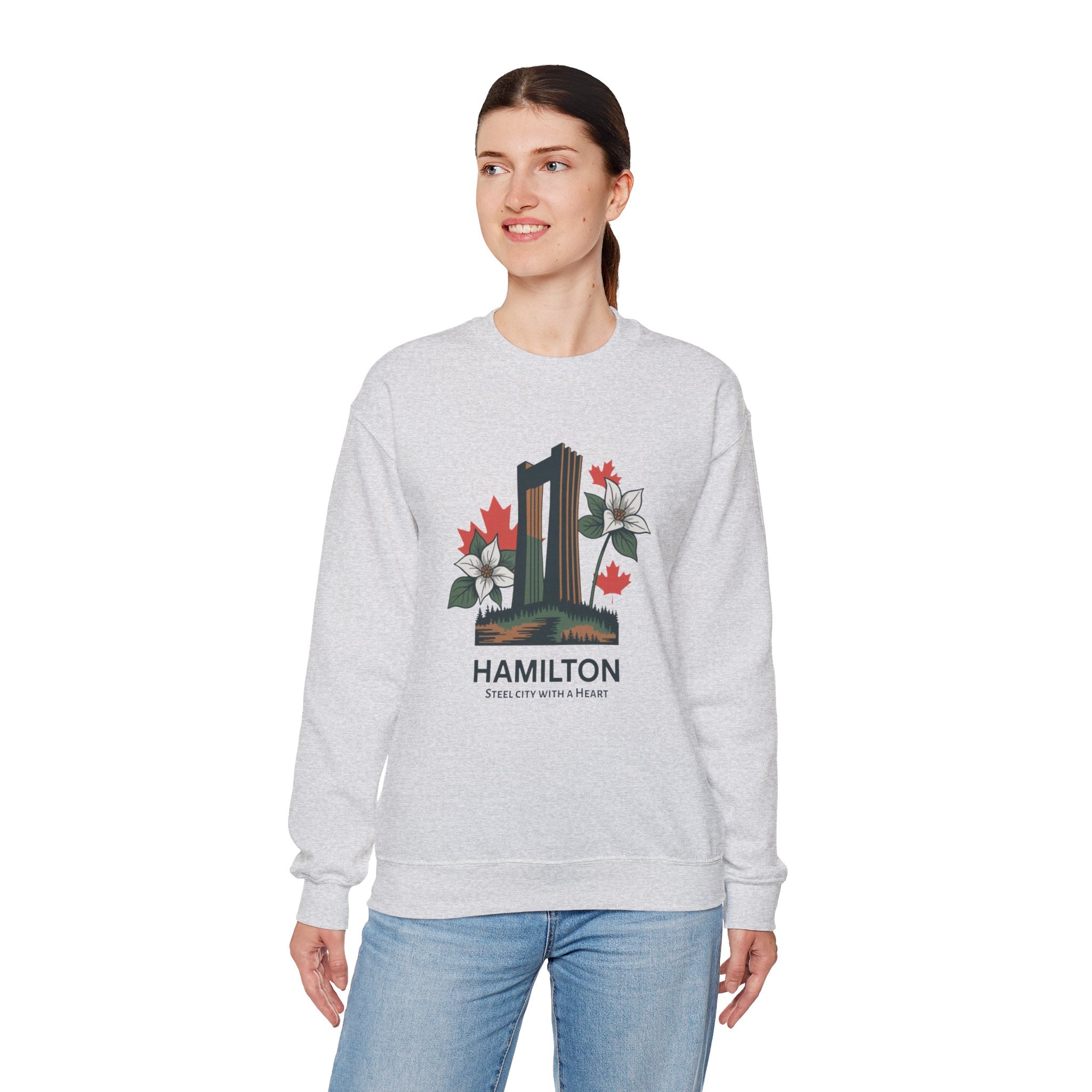 Hamilton Skyline Crewneck Sweatshirt — 'Hamilton: Steel City With A Heart' Canadian Maple Floral Design