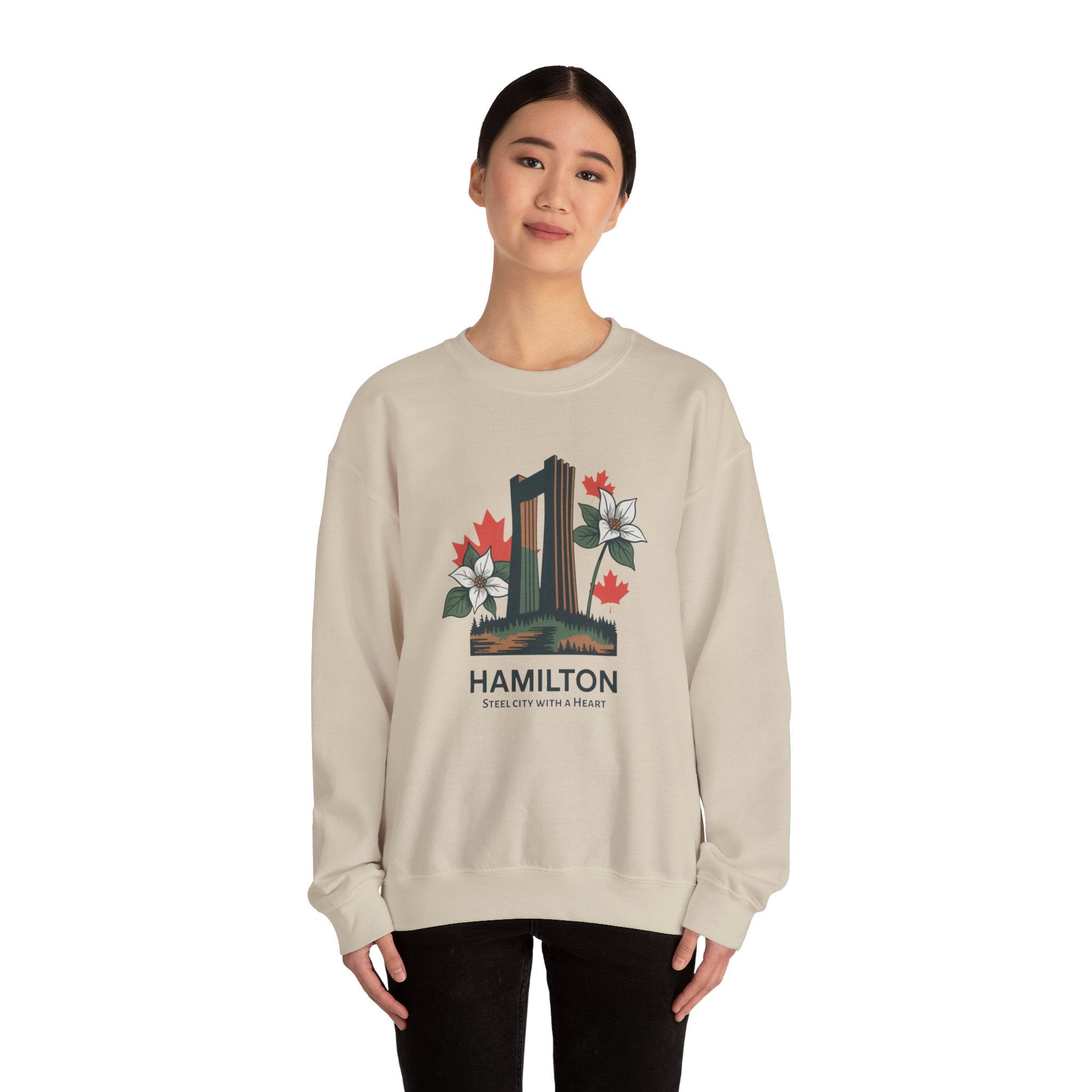 Hamilton Skyline Crewneck Sweatshirt — 'Hamilton: Steel City With A Heart' Canadian Maple Floral Design