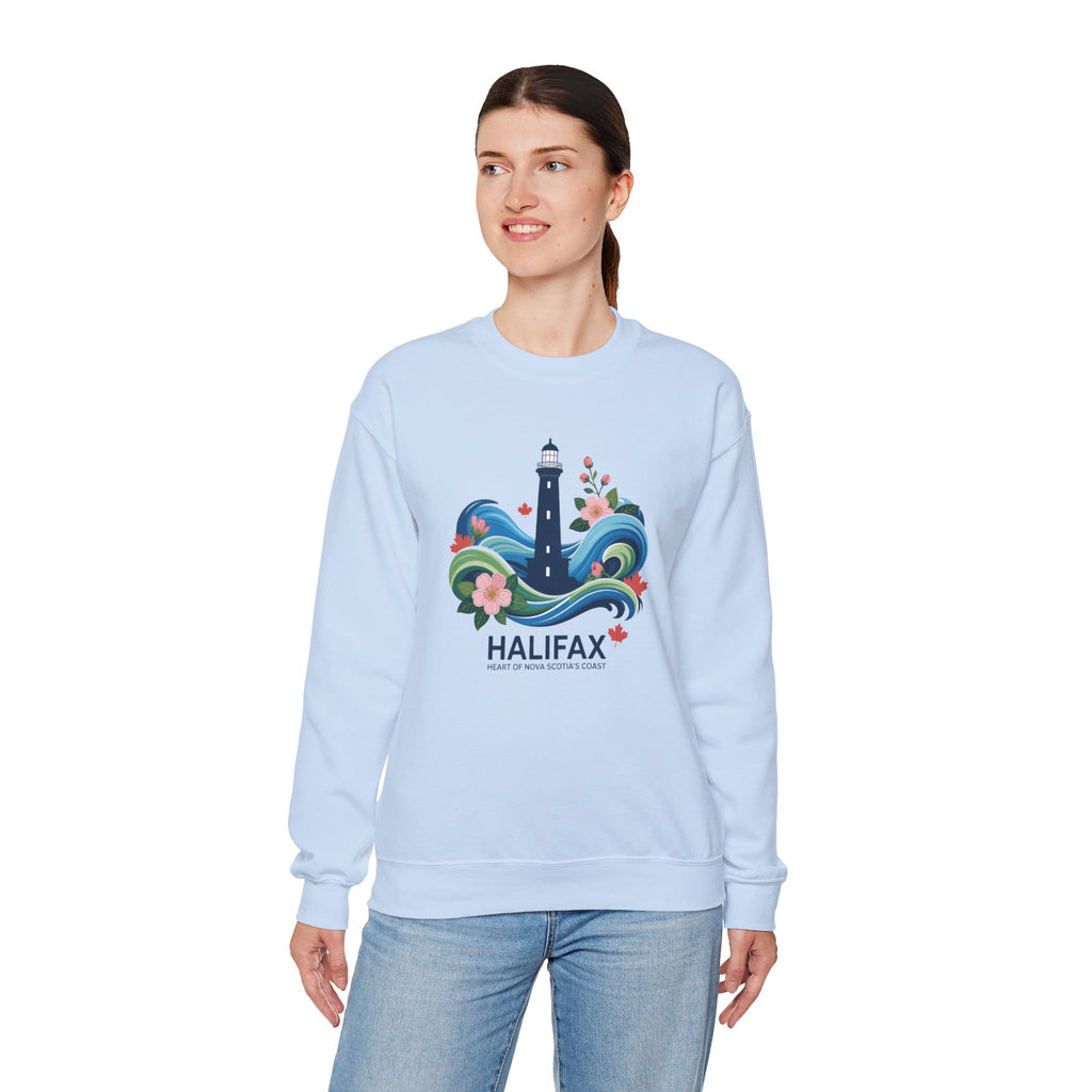 Halifax Lighthouse Crewneck Sweatshirt — Nautical Waves & Floral Travel Souvenir