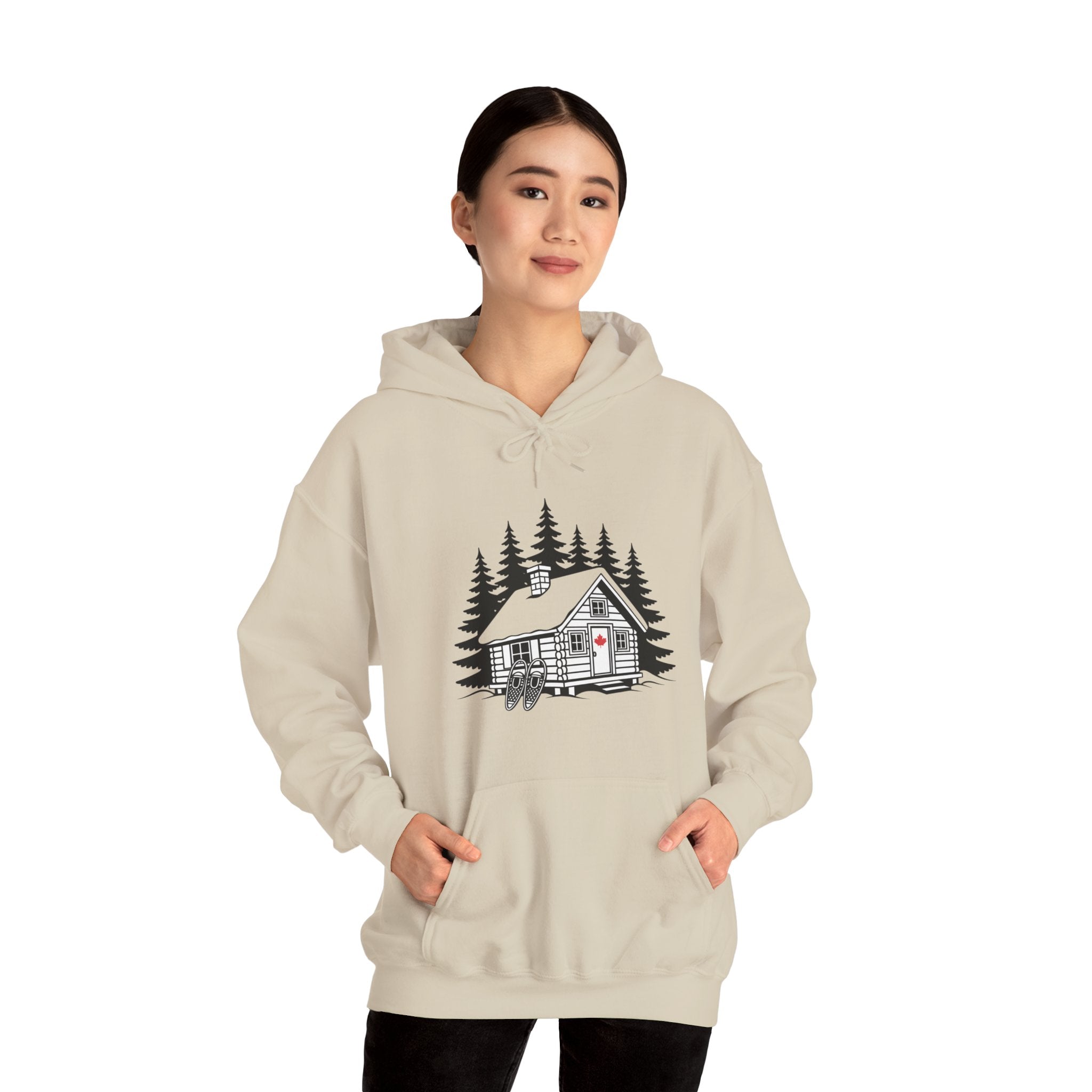Cabin in the Pines Hoodie – Cozy Woodland Cabin Sweatshirt with Red Door