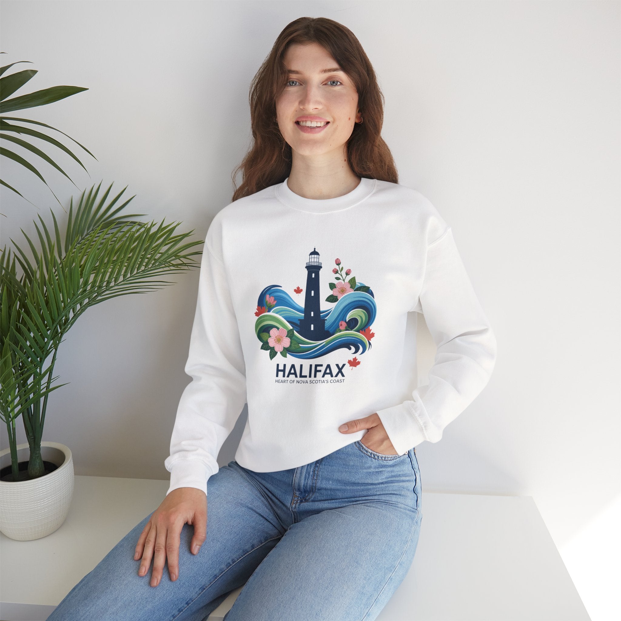 Halifax Lighthouse Crewneck Sweatshirt — Nautical Waves & Floral Travel Souvenir