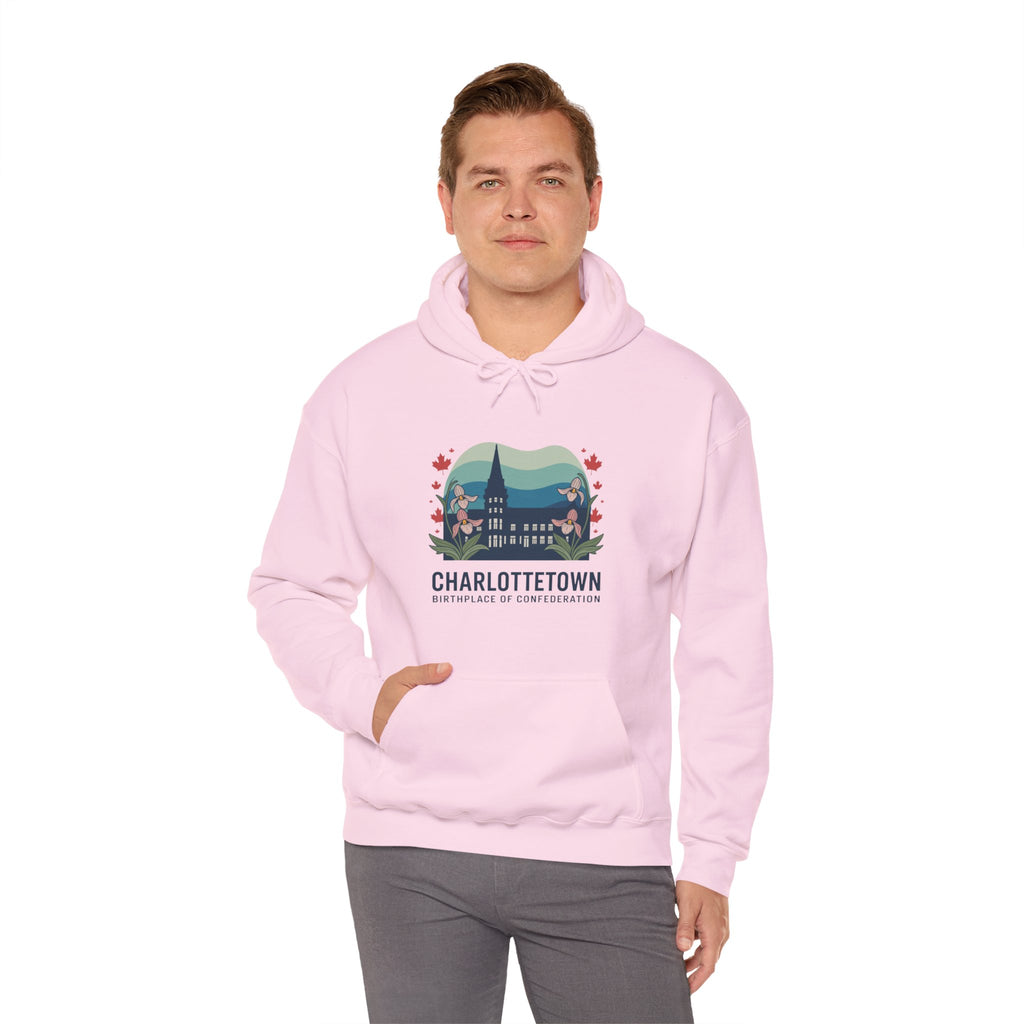 Charlottetown Scenic Hoodie — Vintage Island Skyline & Parliament Building Design