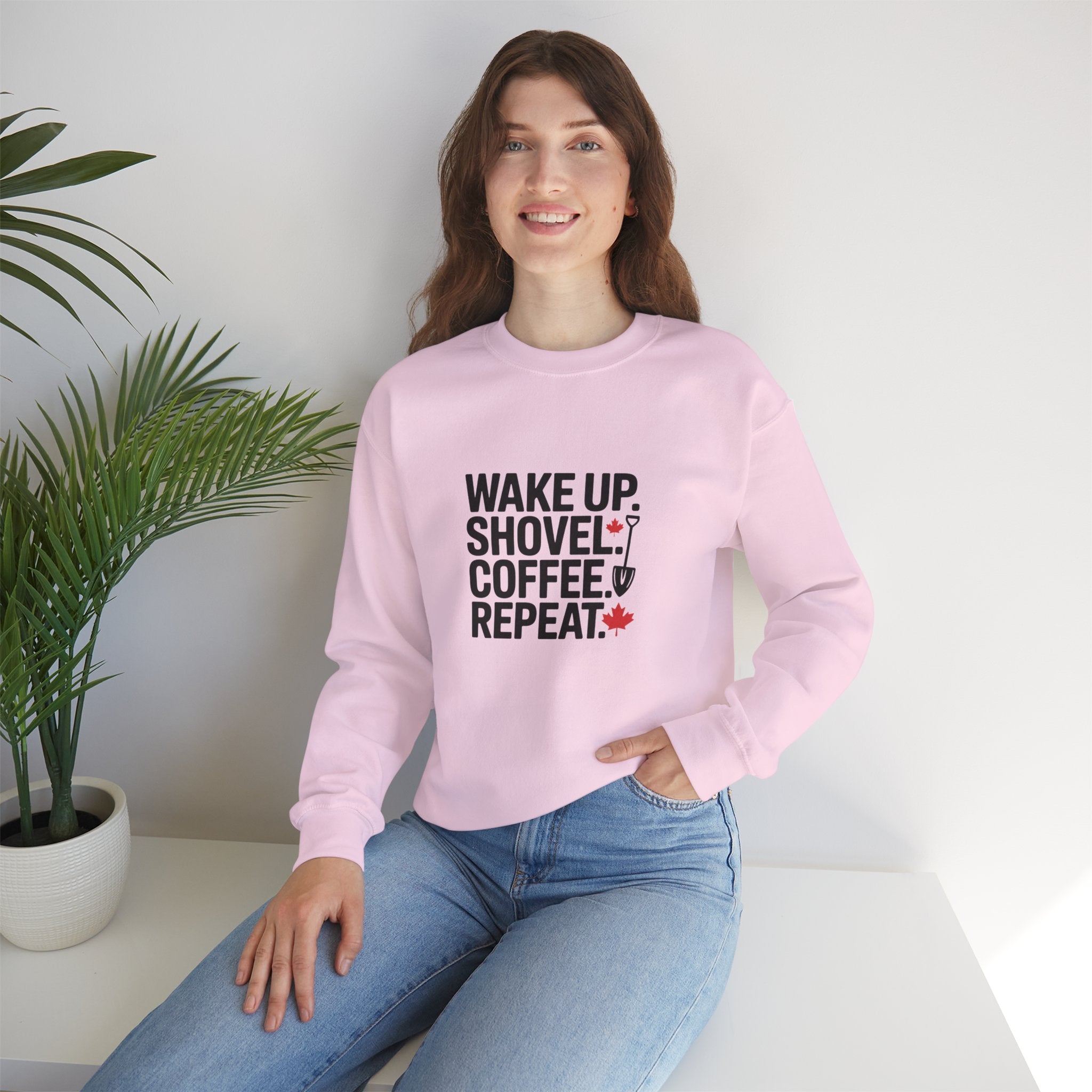 "Wake Up. Shovel. Coffee. Repeat." Winter Funny Crewneck Sweatshirt