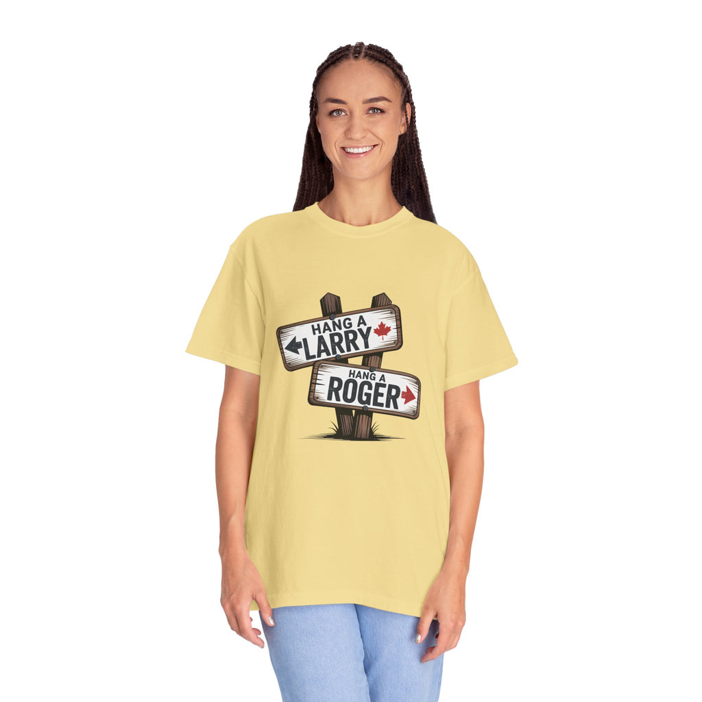 'Hang a Larry Hang a Roger' Signpost T-Shirt — Retro Roadside Humor Tee