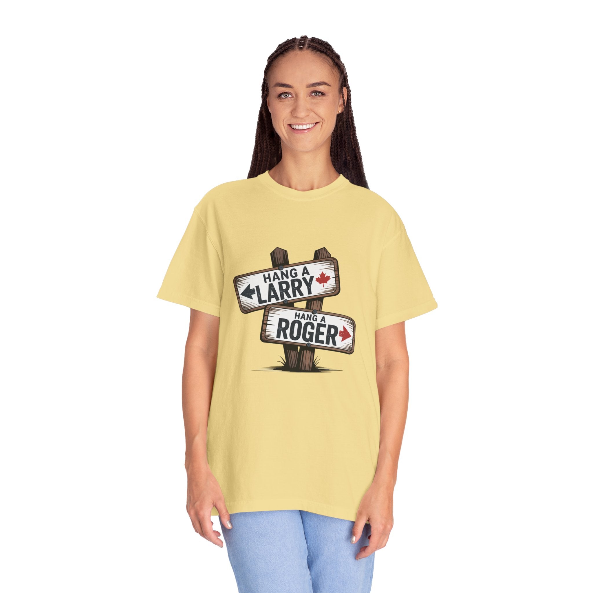 'Hang a Larry Hang a Roger' Signpost T-Shirt — Retro Roadside Humor Tee