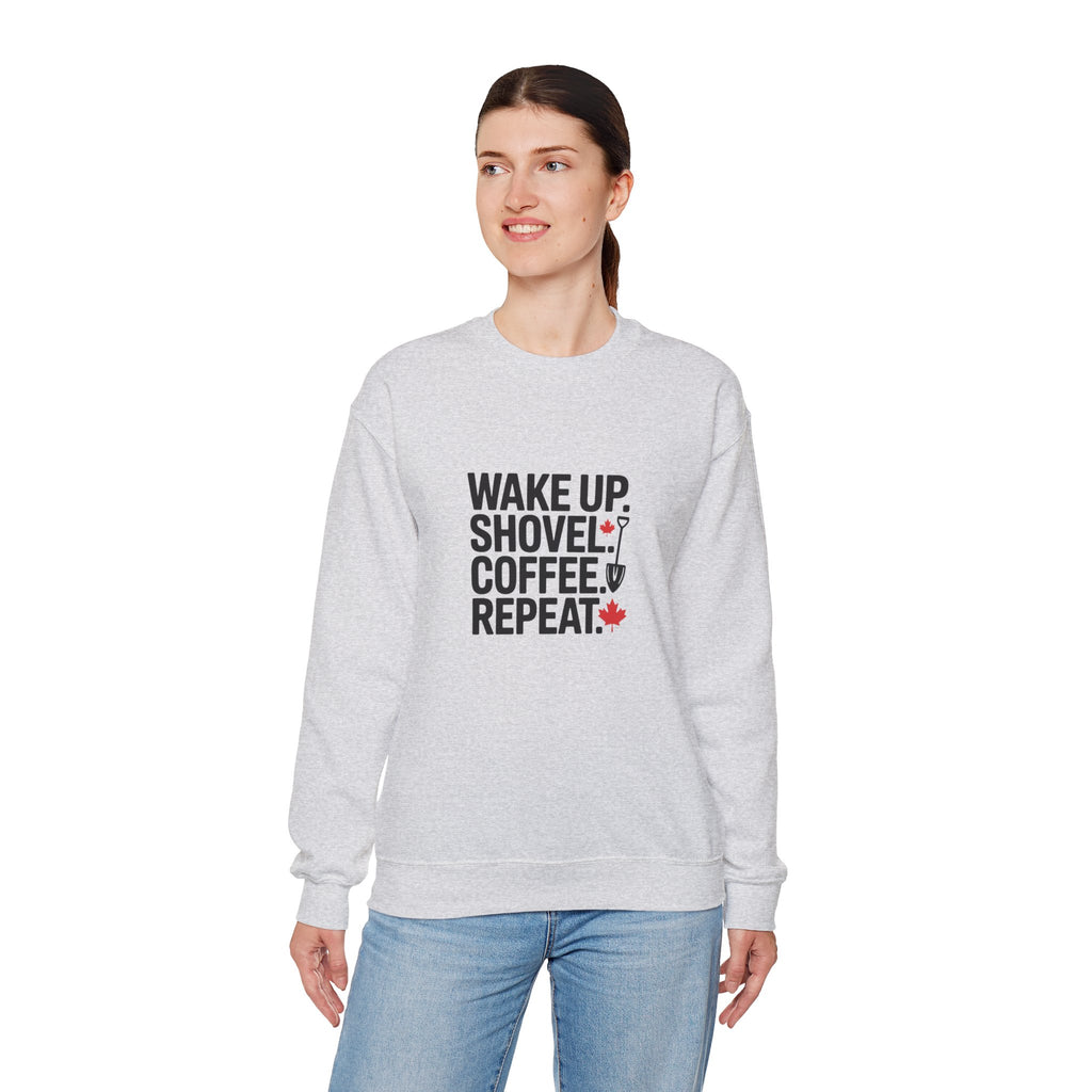"Wake Up. Shovel. Coffee. Repeat." Winter Funny Crewneck Sweatshirt