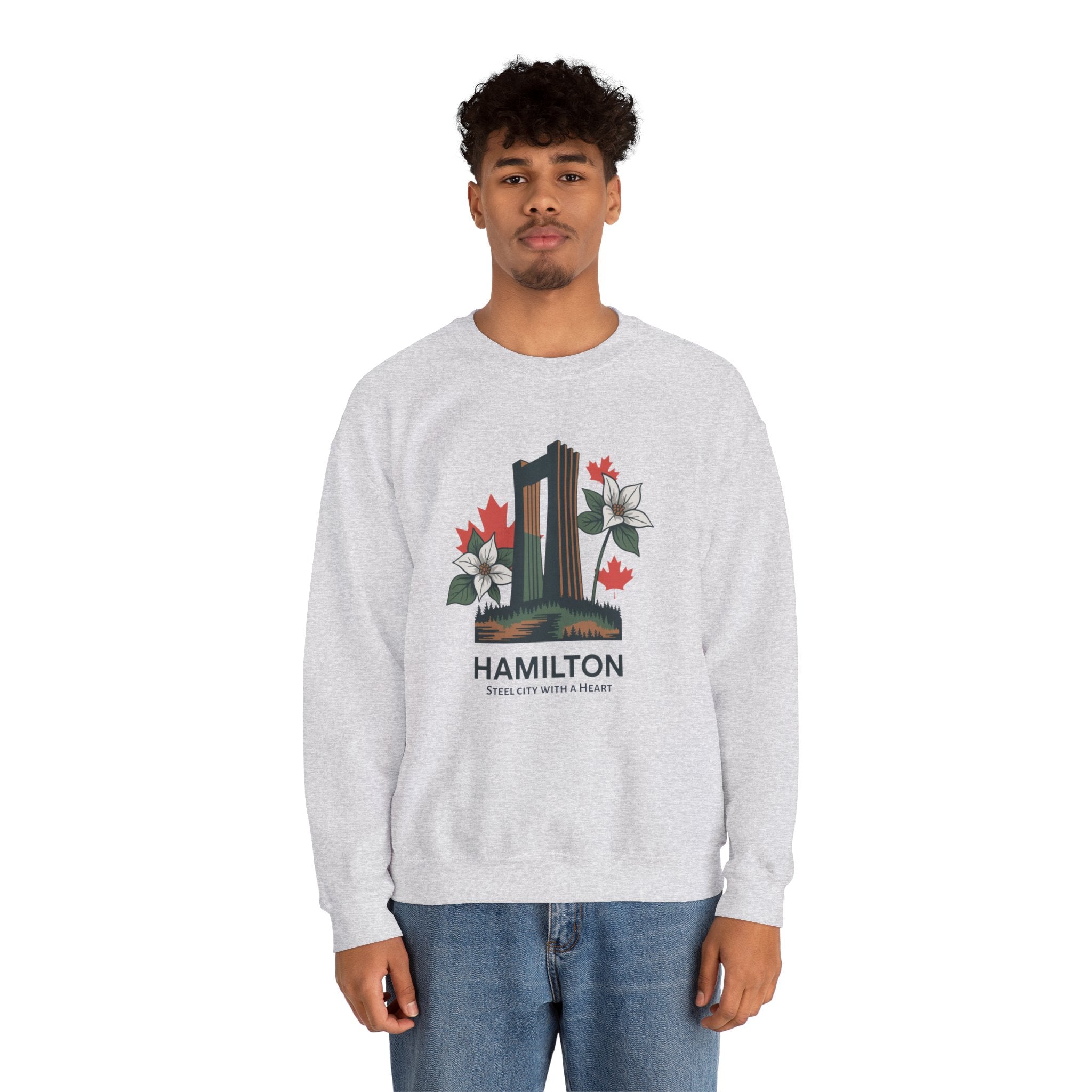 Hamilton Skyline Crewneck Sweatshirt — 'Hamilton: Steel City With A Heart' Canadian Maple Floral Design