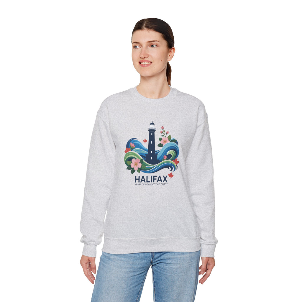 Halifax Lighthouse Crewneck Sweatshirt — Nautical Waves & Floral Travel Souvenir