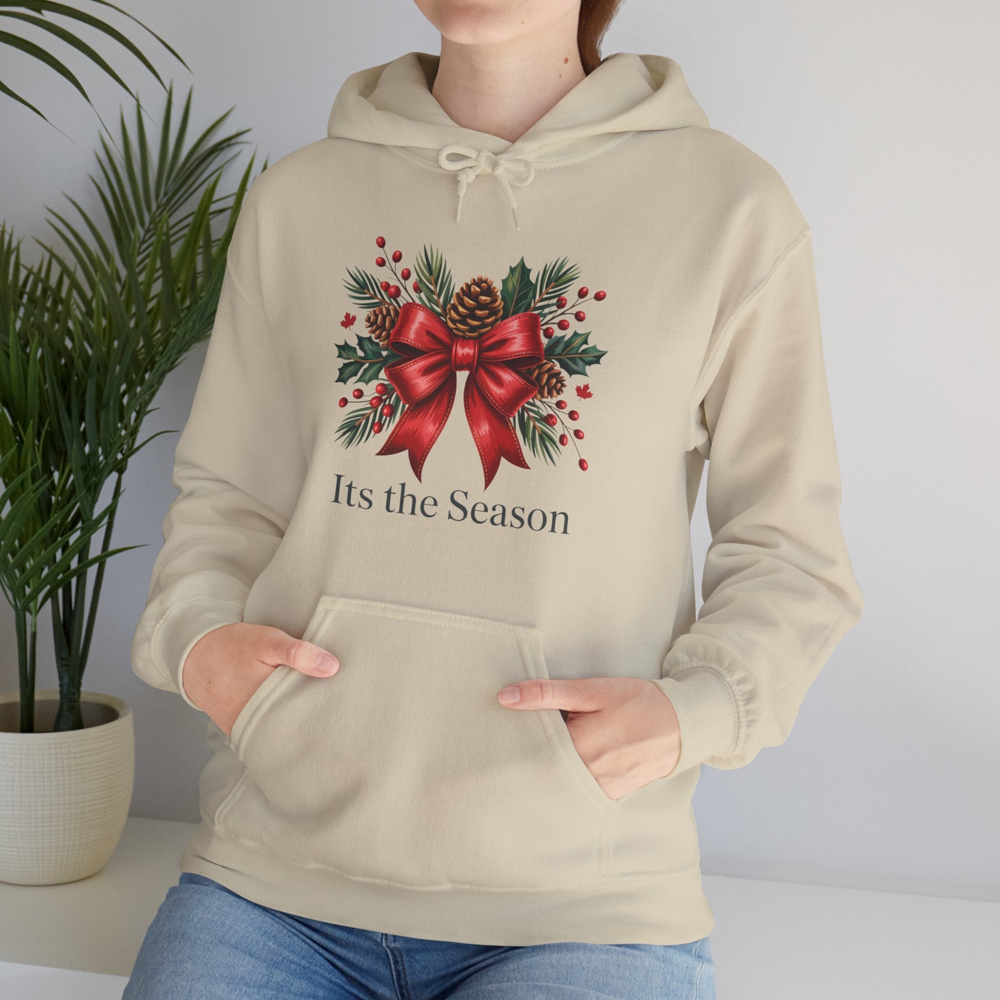 Christmas Wreath Hoodie – Festive Red Bow "Its the Season" Holiday Sweatshirt