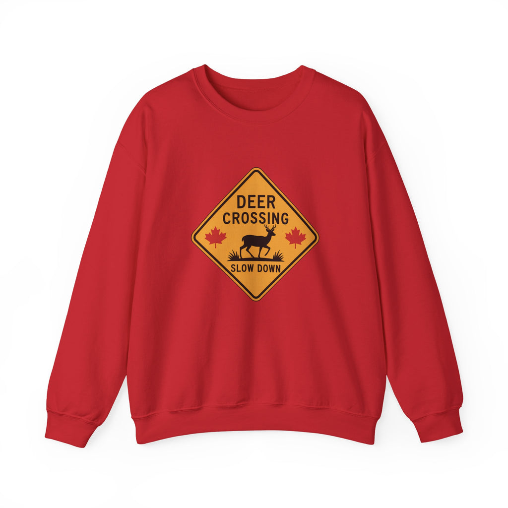 Deer Crossing Sweatshirt — 'Deer Crossing Slow Down' Road Sign Crewneck