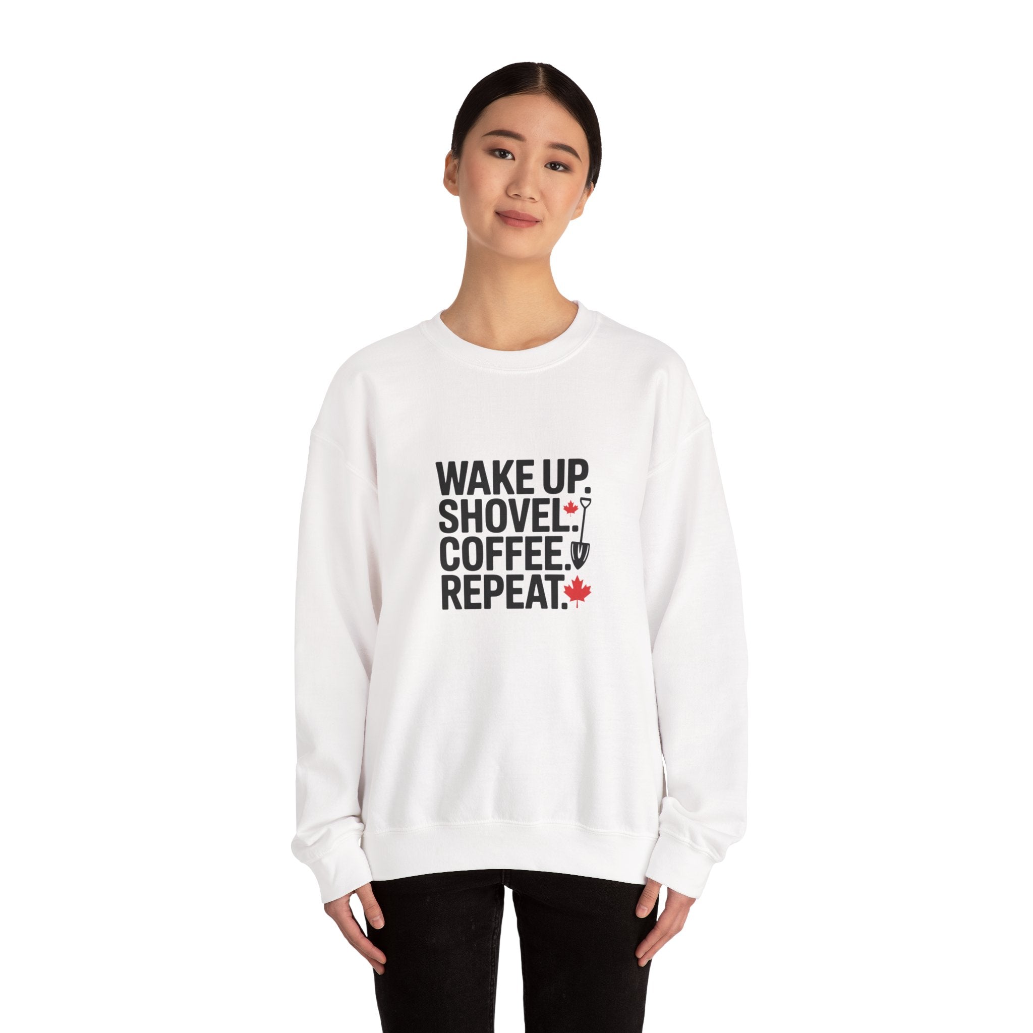 "Wake Up. Shovel. Coffee. Repeat." Winter Funny Crewneck Sweatshirt