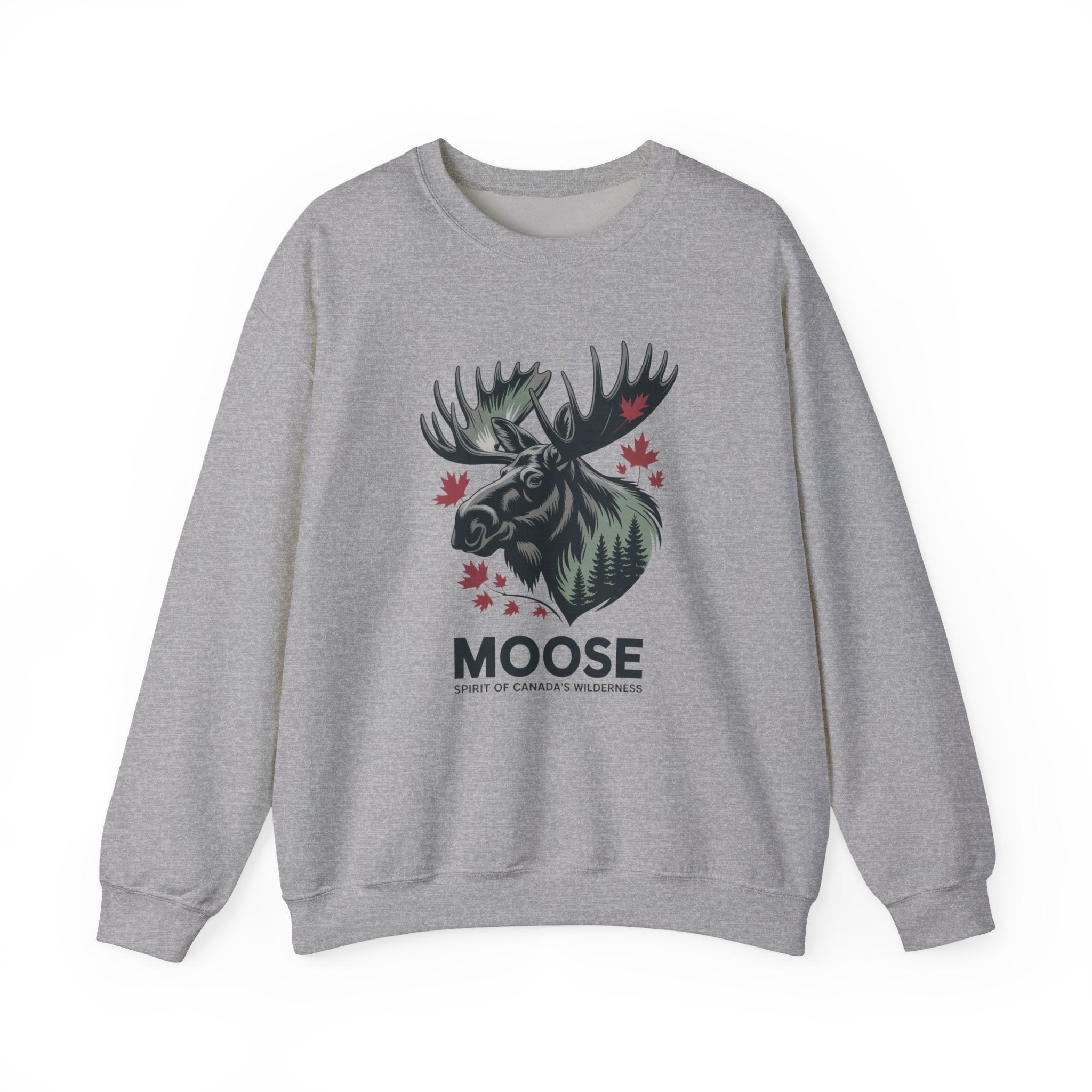 Moose Graphic Crewneck Sweatshirt — Canadian Moose Design with Maple Leaves