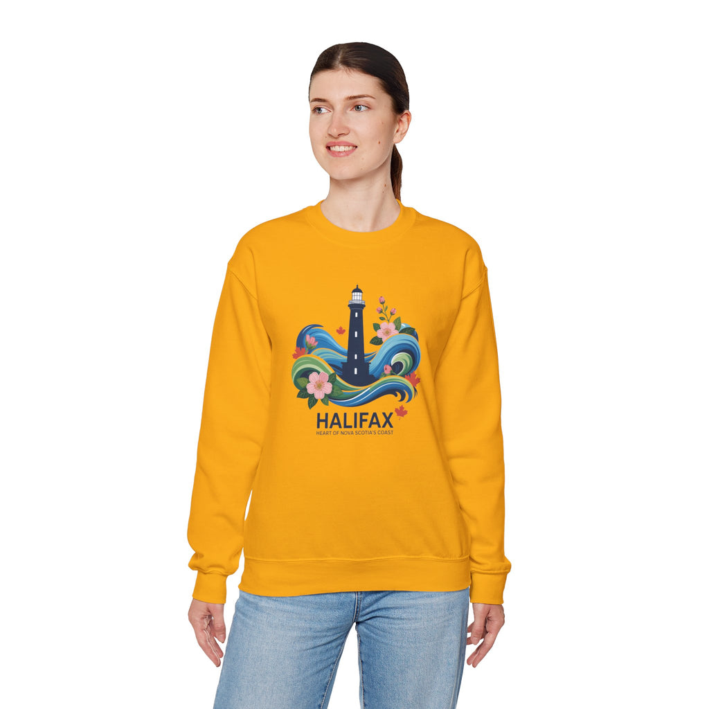 Halifax Lighthouse Crewneck Sweatshirt — Nautical Waves & Floral Travel Souvenir