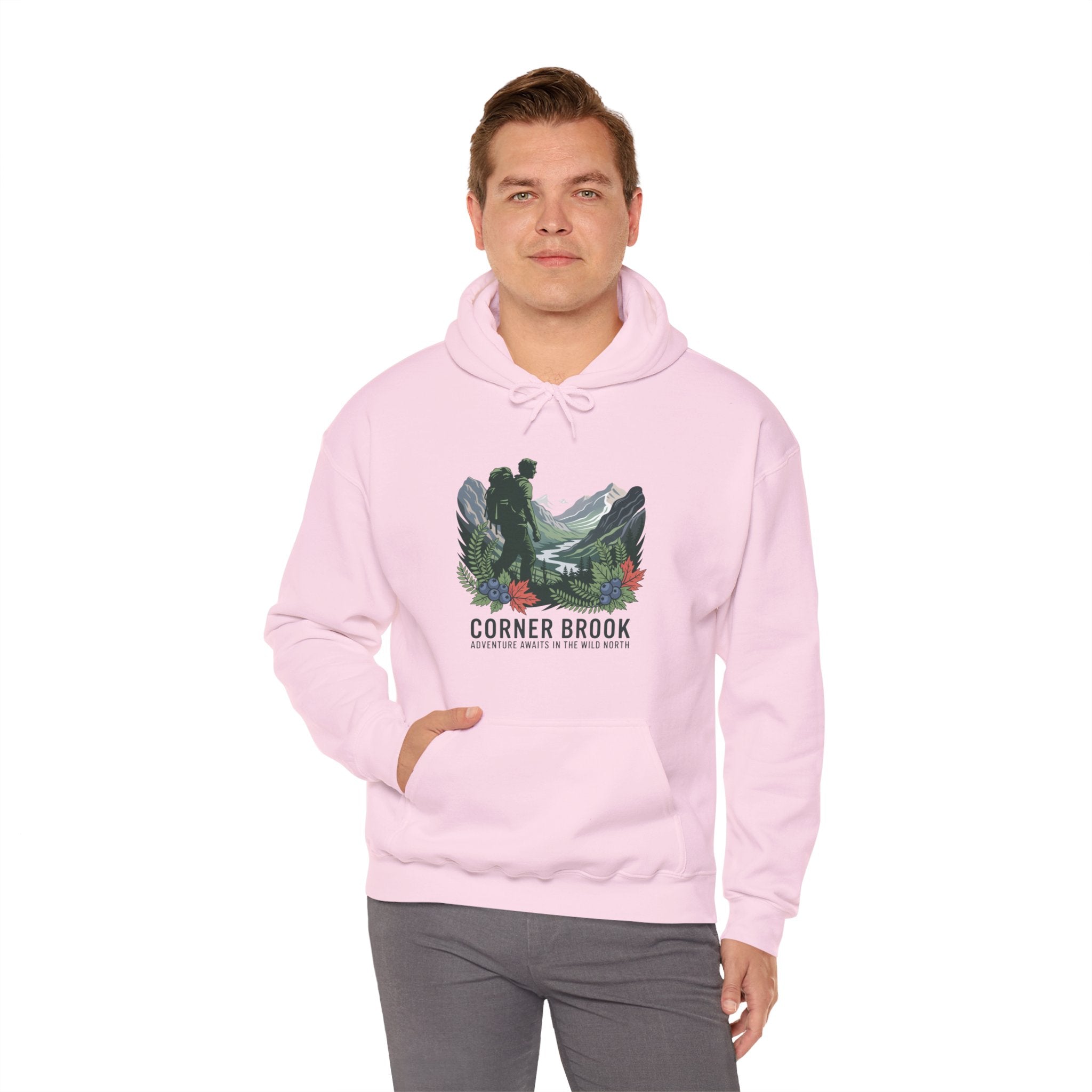 Corner Brook Mountain Landscape Hoodie — Scenic Nature Graphic Sweatshirt