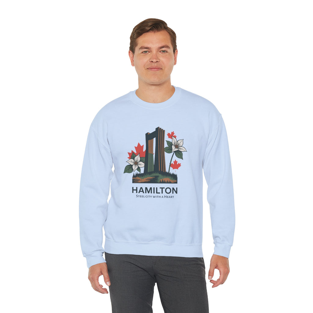 Hamilton Skyline Crewneck Sweatshirt — 'Hamilton: Steel City With A Heart' Canadian Maple Floral Design