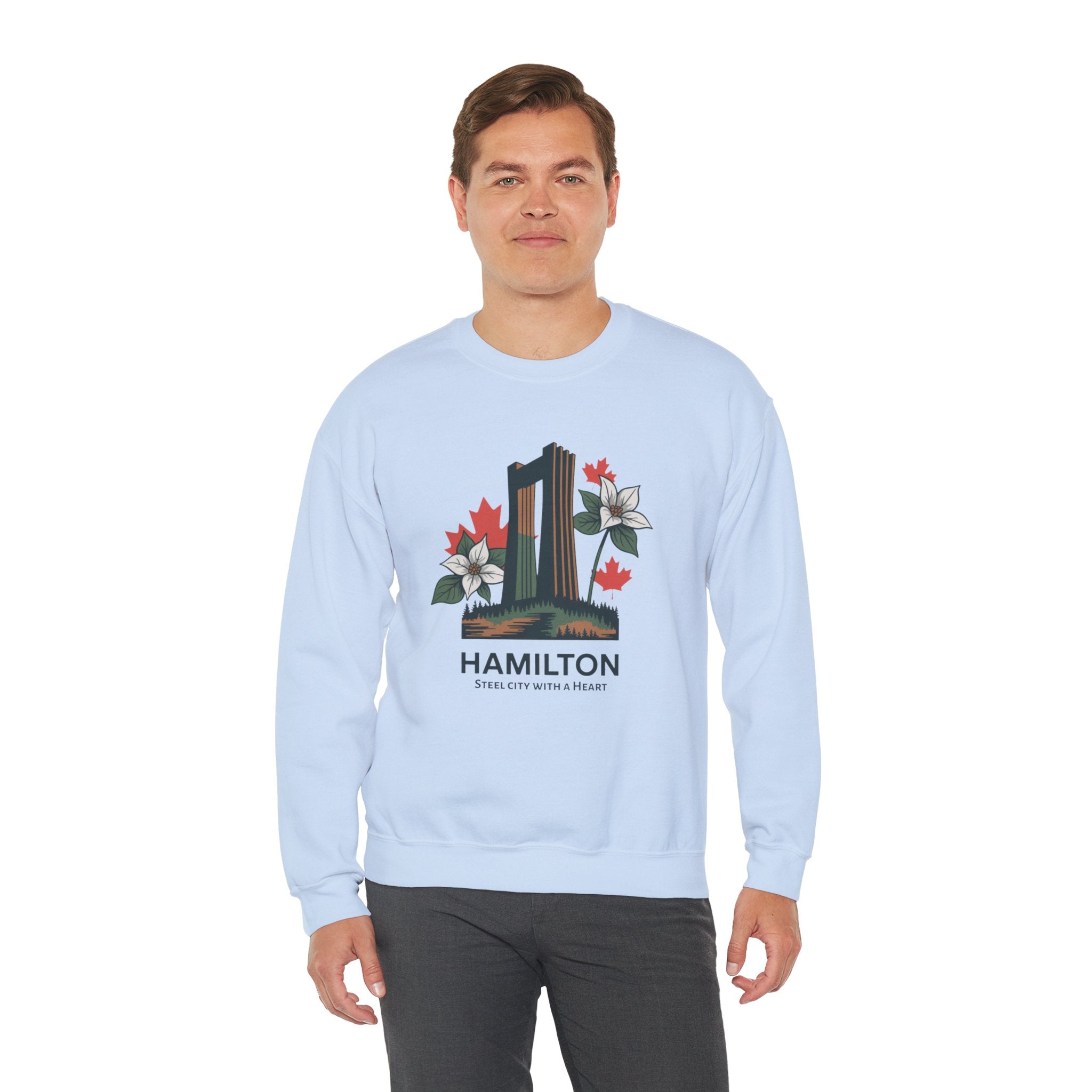 Hamilton Skyline Crewneck Sweatshirt — 'Hamilton: Steel City With A Heart' Canadian Maple Floral Design