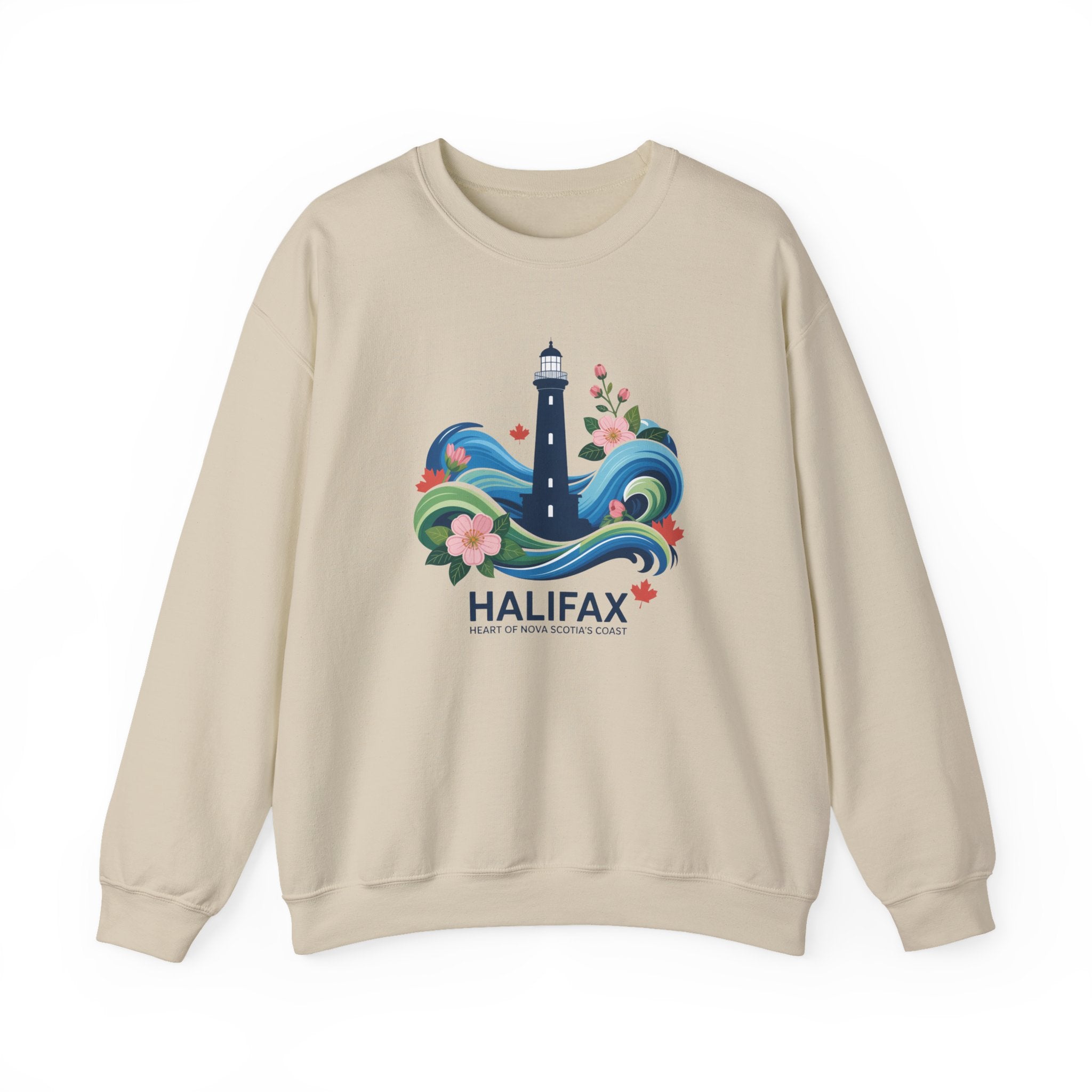 Halifax Lighthouse Crewneck Sweatshirt — Nautical Waves & Floral Travel Souvenir