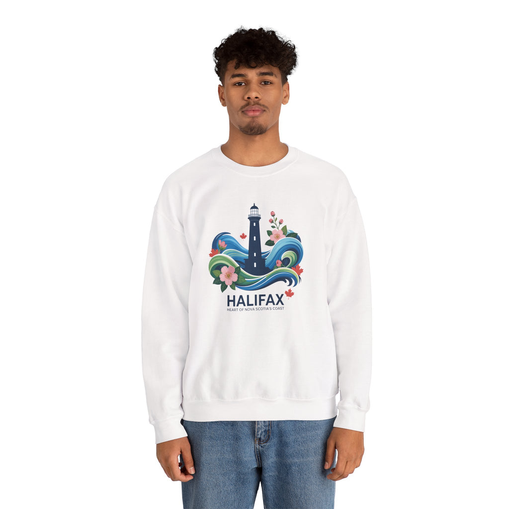 Halifax Lighthouse Crewneck Sweatshirt — Nautical Waves & Floral Travel Souvenir