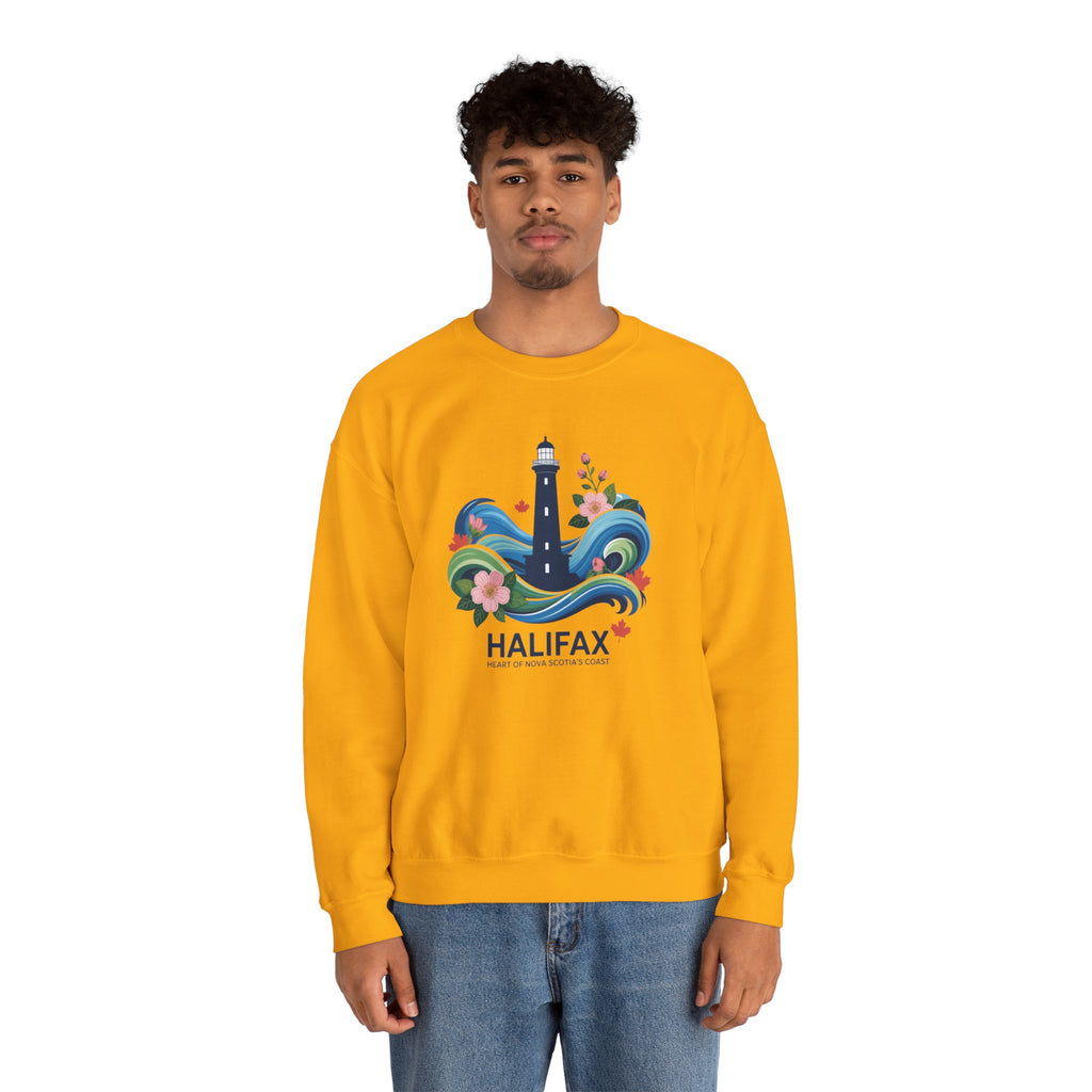 Halifax Lighthouse Crewneck Sweatshirt — Nautical Waves & Floral Travel Souvenir