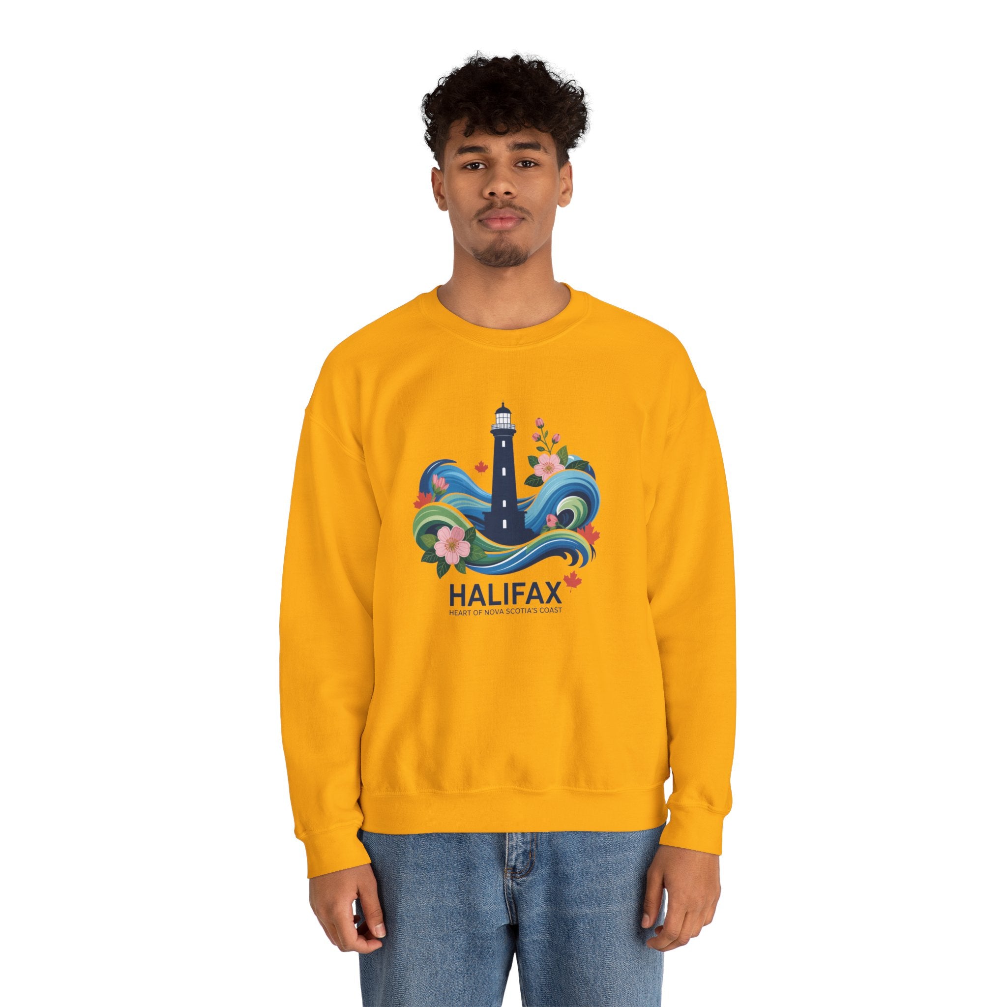 Halifax Lighthouse Crewneck Sweatshirt — Nautical Waves & Floral Travel Souvenir