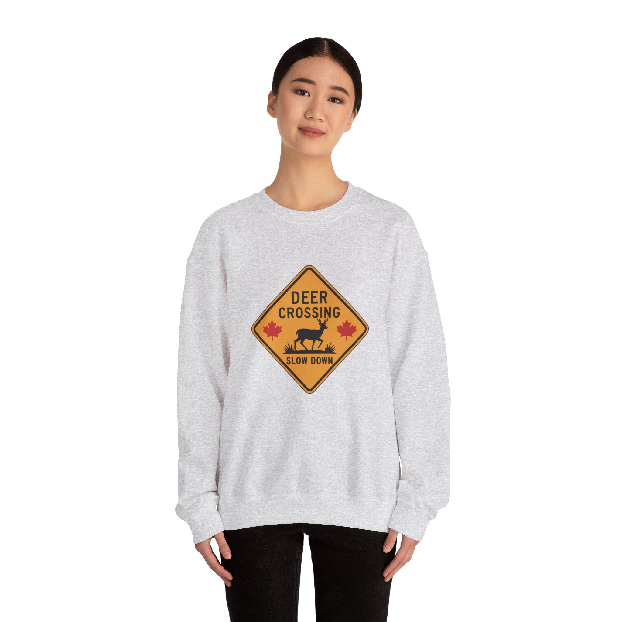 Deer Crossing Sweatshirt — 'Deer Crossing Slow Down' Road Sign Crewneck