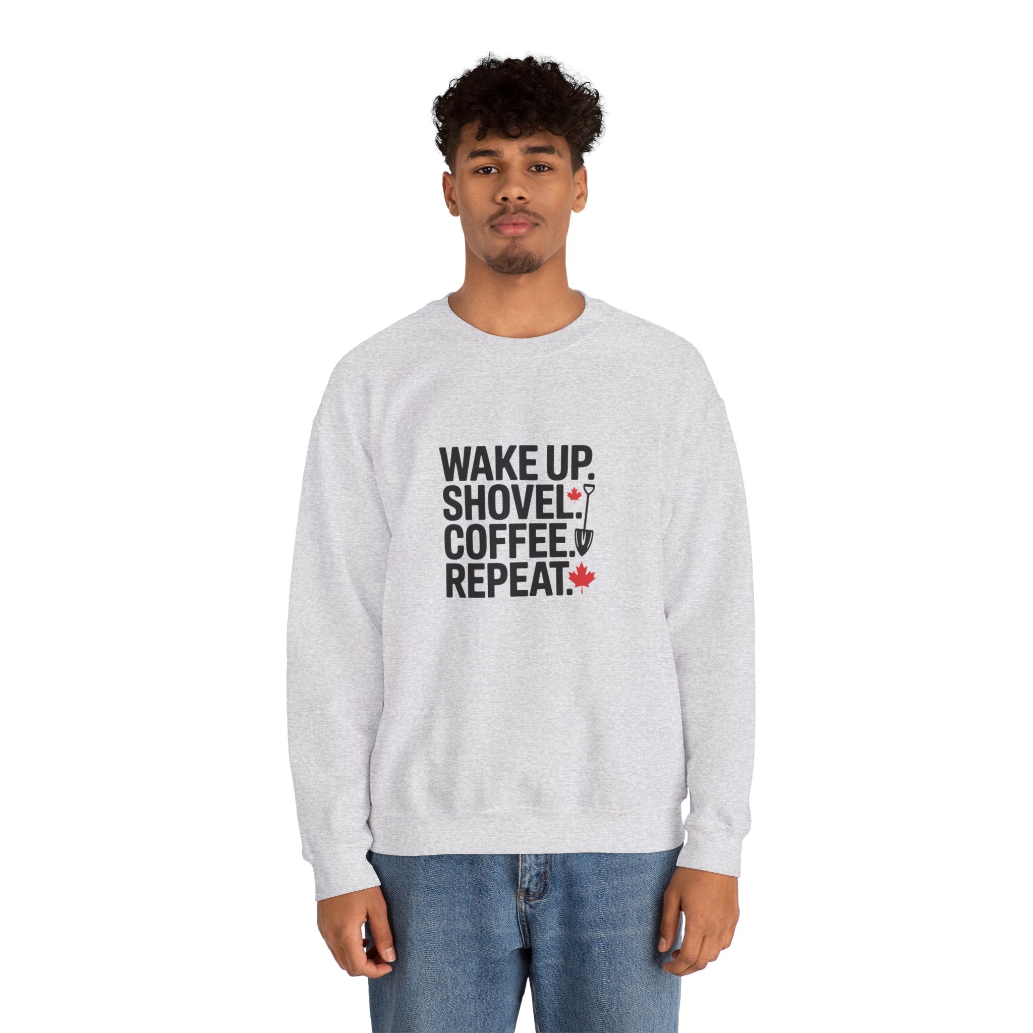 "Wake Up. Shovel. Coffee. Repeat." Winter Funny Crewneck Sweatshirt