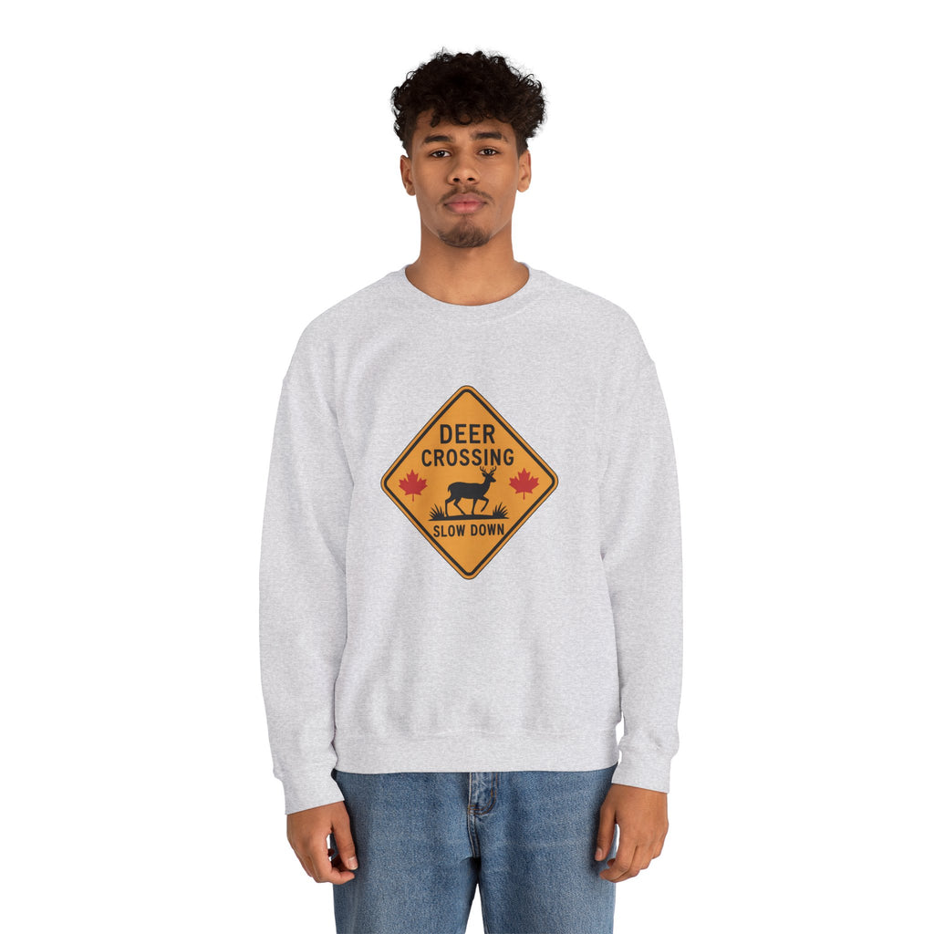 Deer Crossing Sweatshirt — 'Deer Crossing Slow Down' Road Sign Crewneck