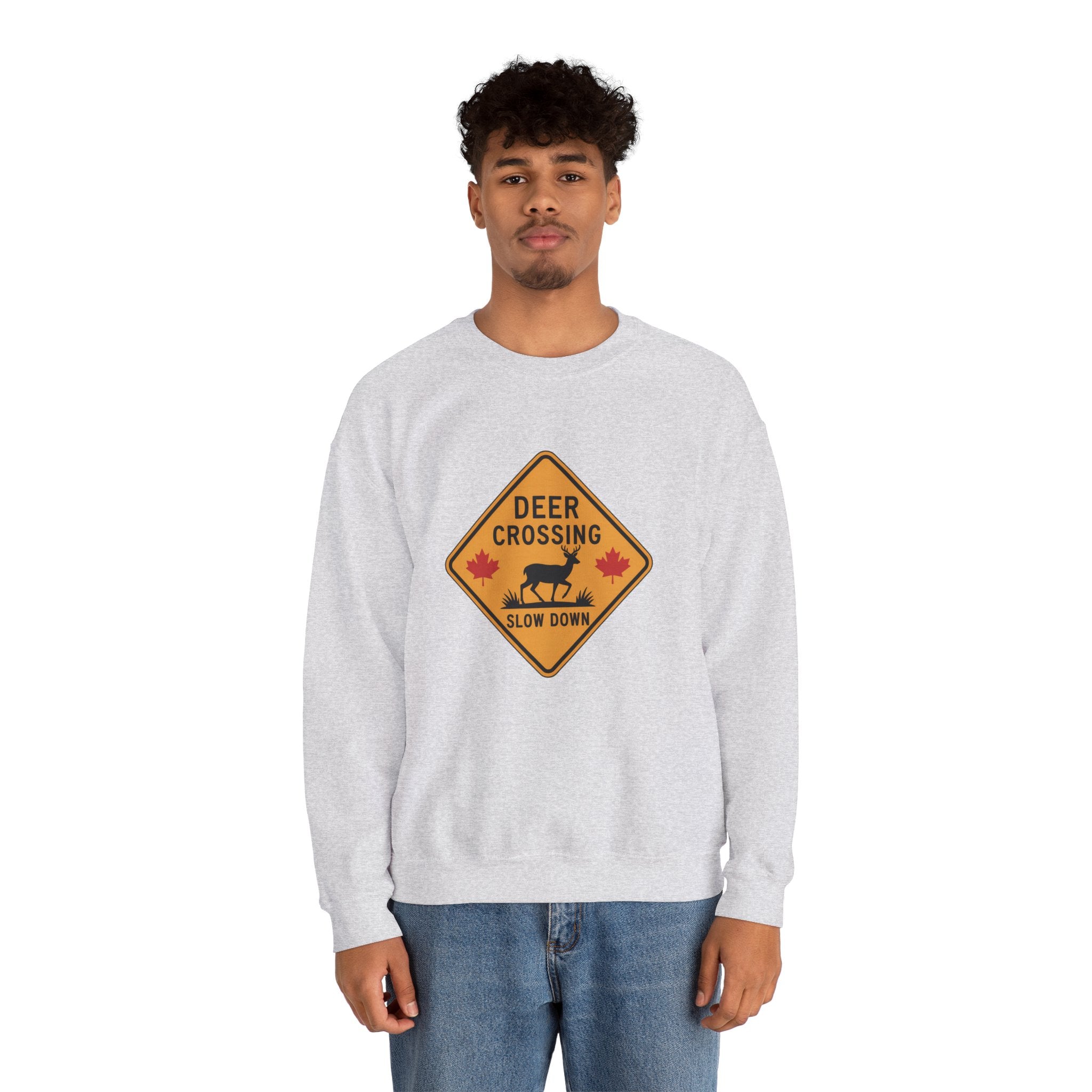 Deer Crossing Sweatshirt — 'Deer Crossing Slow Down' Road Sign Crewneck