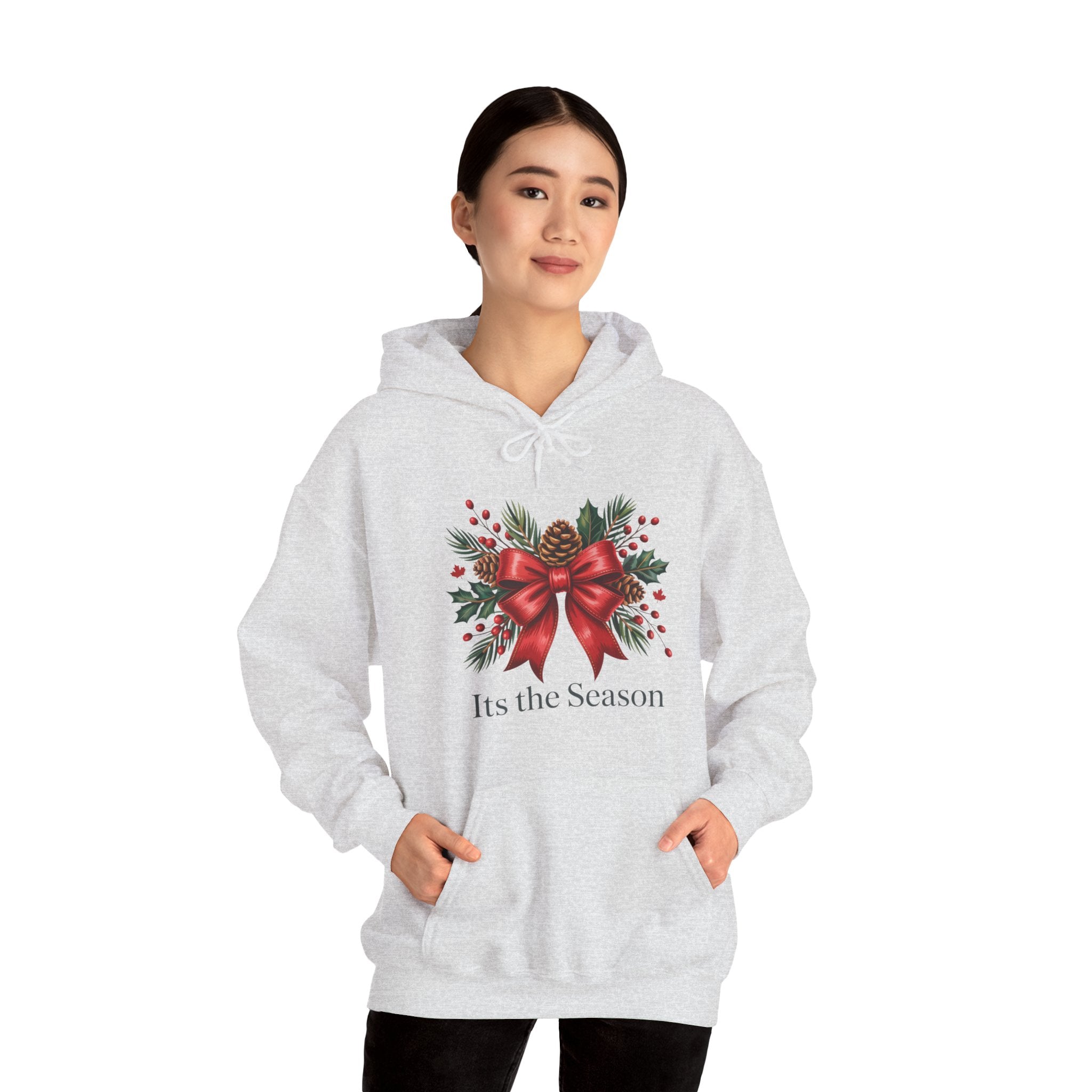 Christmas Wreath Hoodie – Festive Red Bow "Its the Season" Holiday Sweatshirt