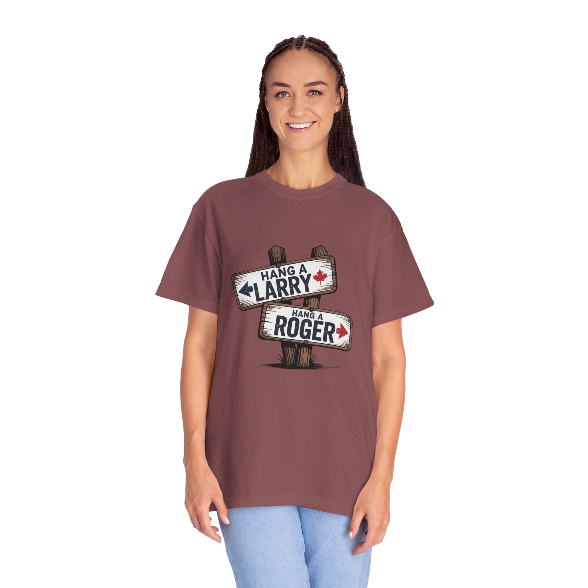 'Hang a Larry Hang a Roger' Signpost T-Shirt — Retro Roadside Humor Tee