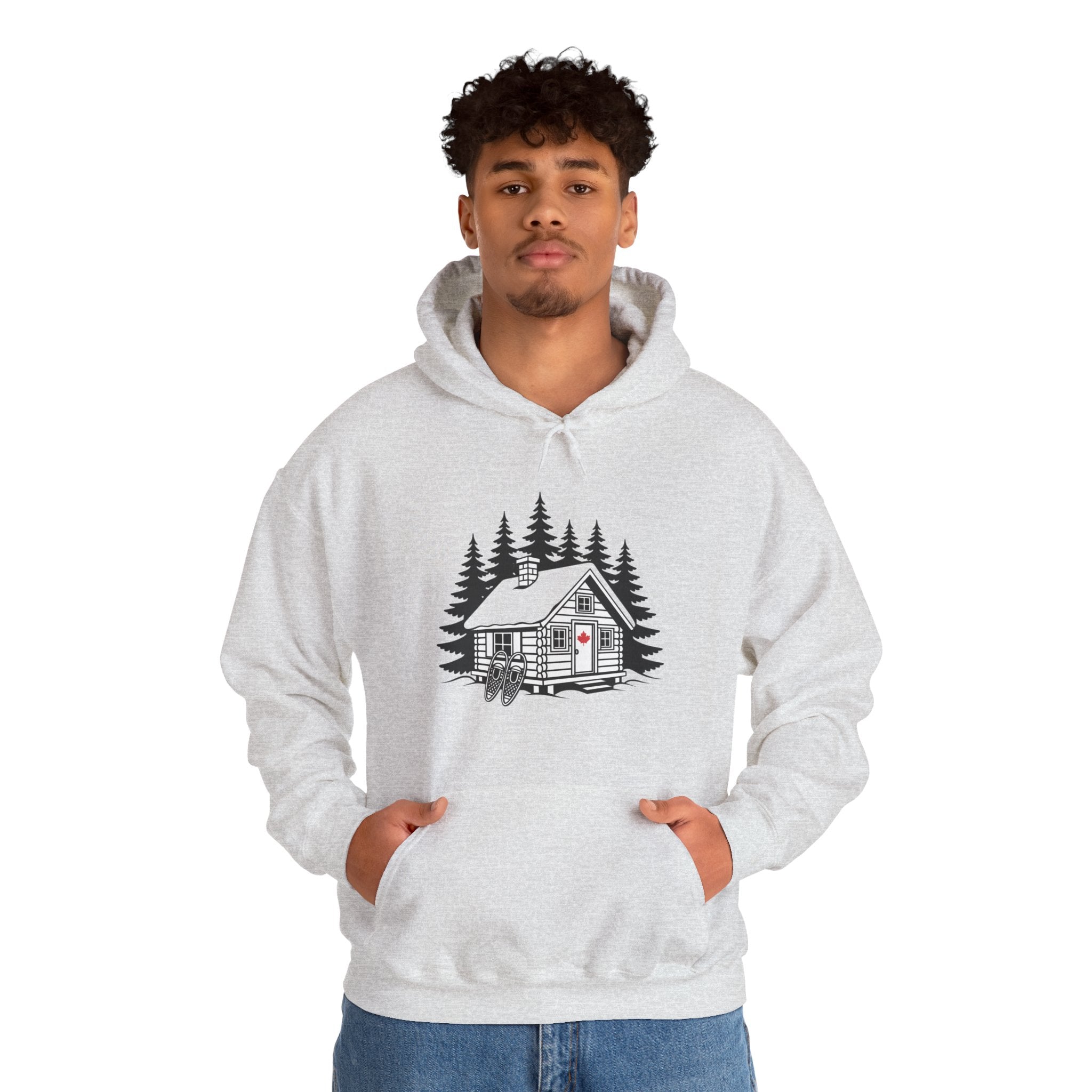 Cabin in the Pines Hoodie – Cozy Woodland Cabin Sweatshirt with Red Door